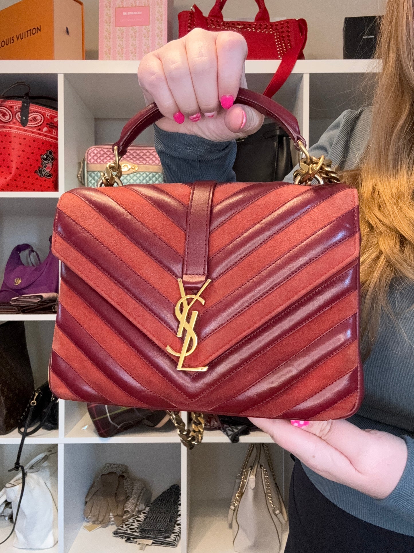 Saint Laurent YSL Red Suede & Leather Matelassé Chevron Medium College Bag Gold