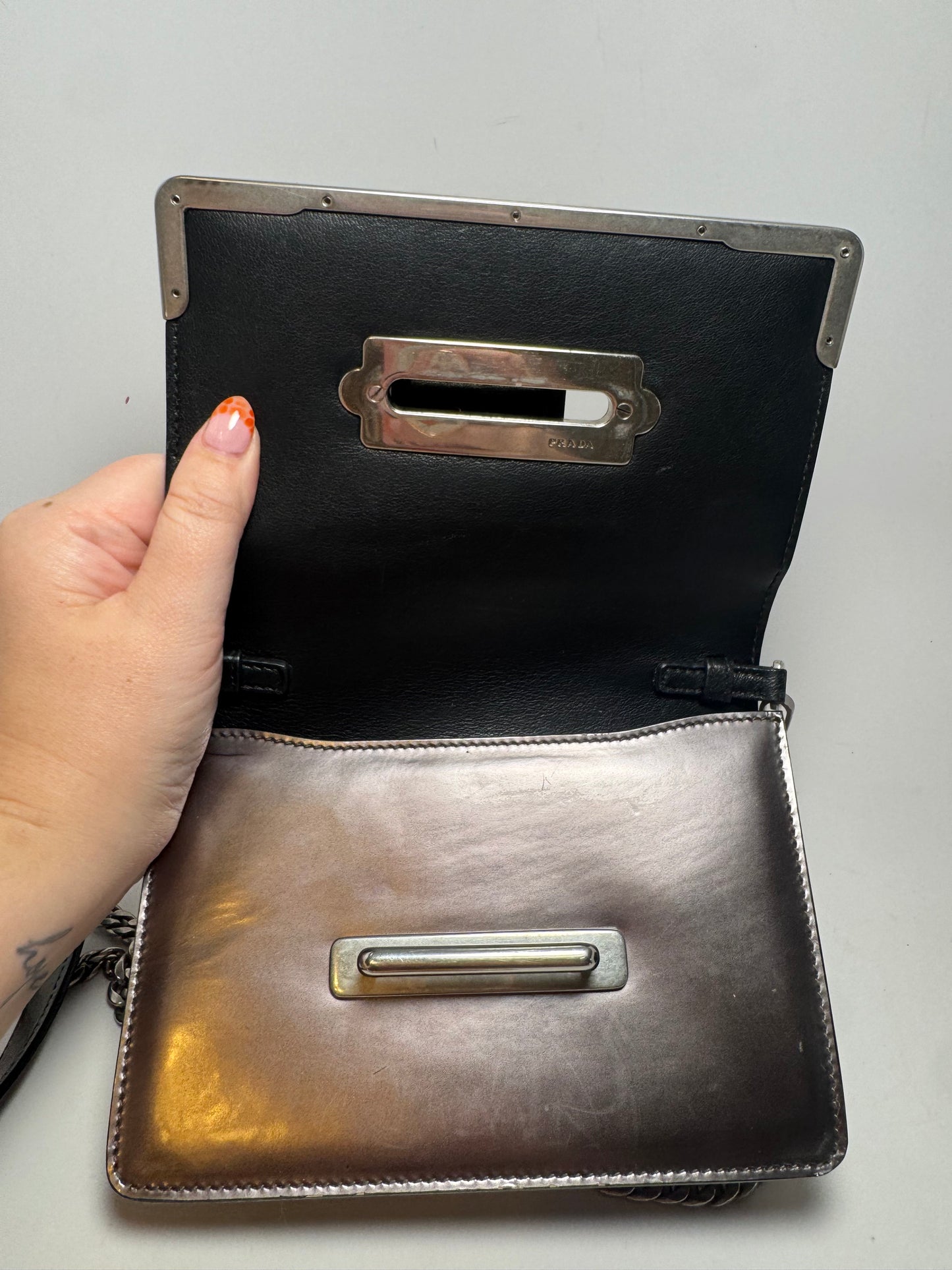 Prada Metallic Vitello Saffiano Cahier Bag Ferro Black Crossbody