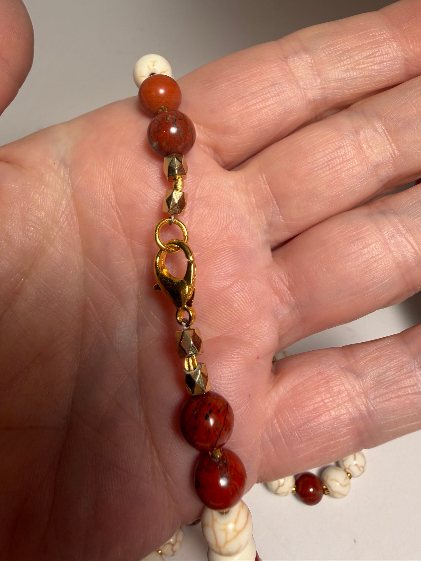 Red Jasper & White Howlite Beaded Necklace with Wire-Wrapped Scallop Shell Charm