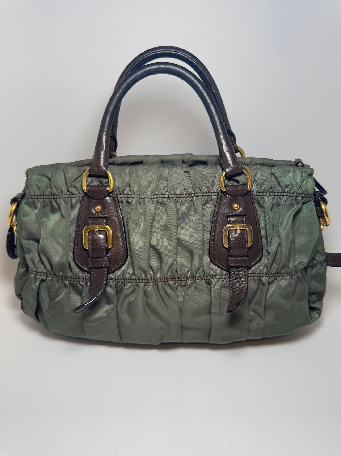 Prada Tessuto Gaufre Olive Green & Brown Leather Satchel/Crossbody