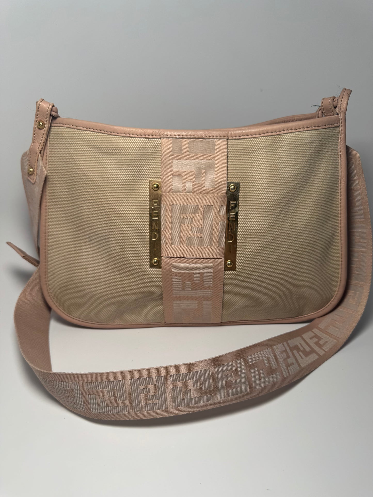 Fendi Zucca Pink & Khaki Crossbody w/Monogram Strap