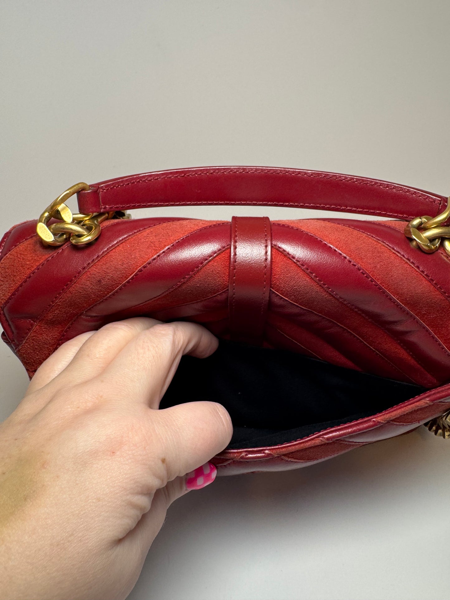 Saint Laurent YSL Red Suede & Leather Matelassé Chevron Medium College Bag Gold