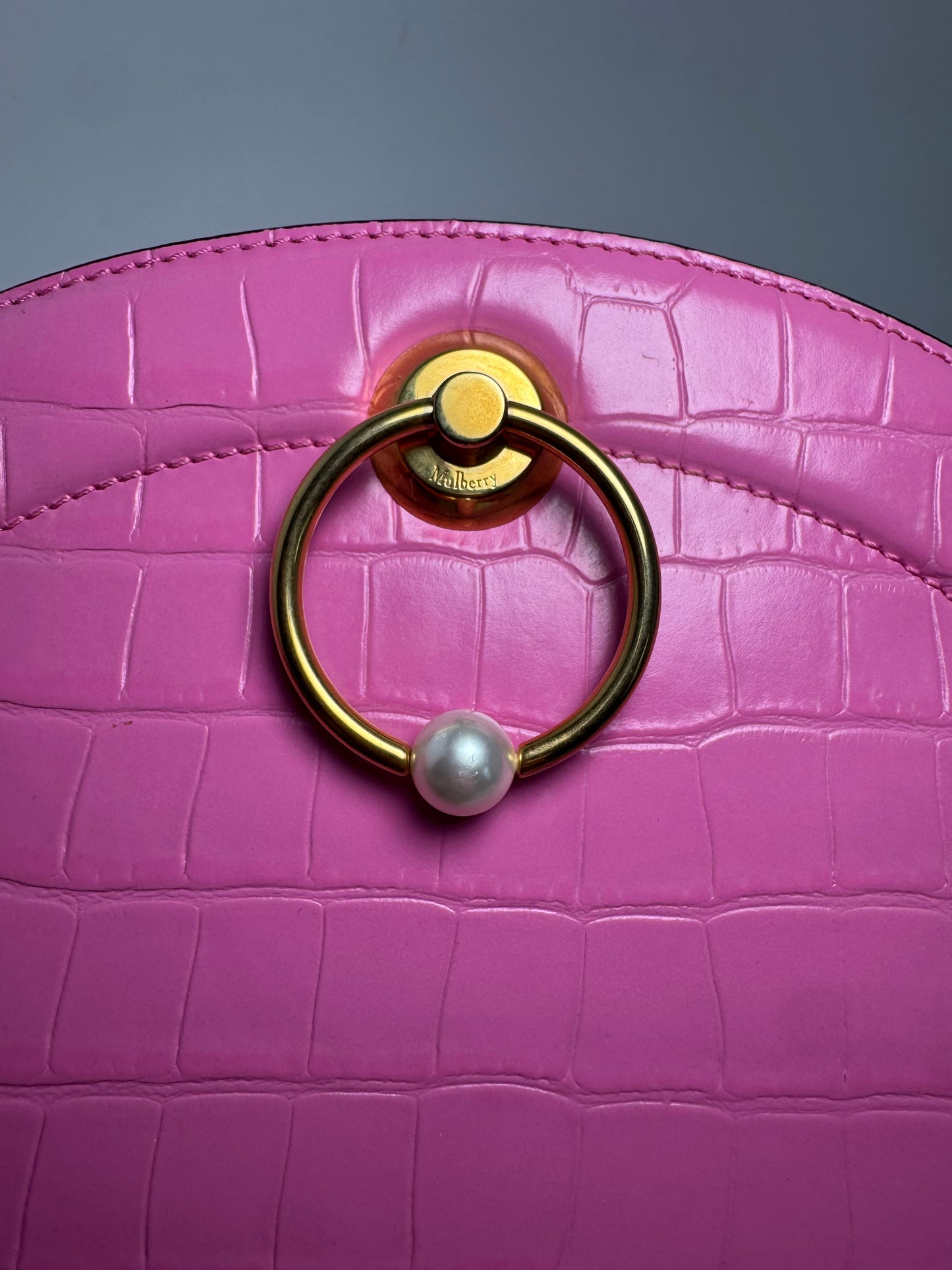 Mulberry Crocodile Embossed Calfskin Crescent Clutch Pink Pearl Shoulder Bag