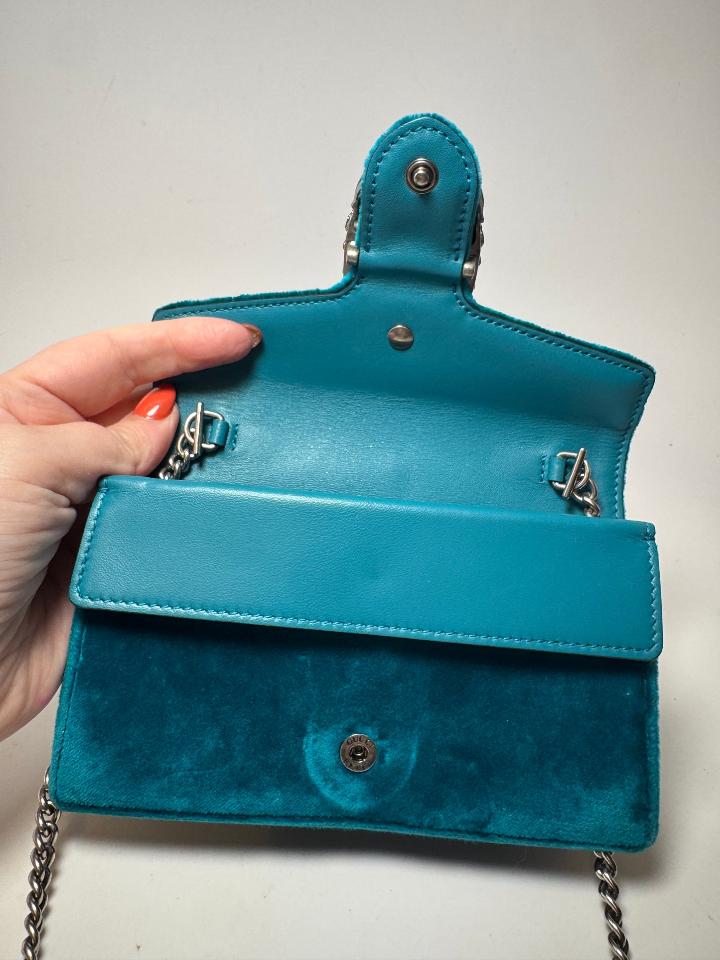 Gucci Velvet Super Mini Dionysus Shoulder Bag Pavone Cyan