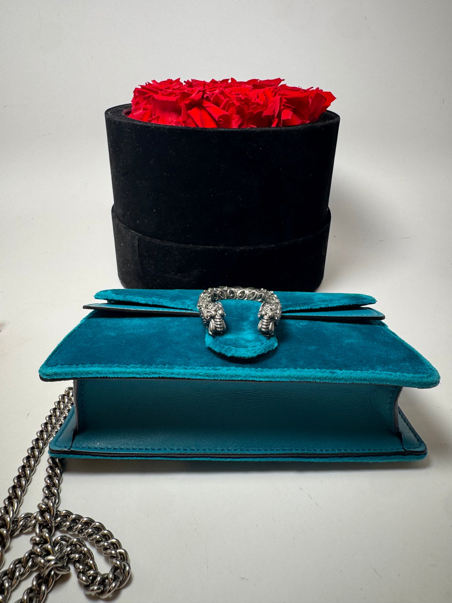 Gucci Velvet Super Mini Dionysus Shoulder Bag Pavone Cyan