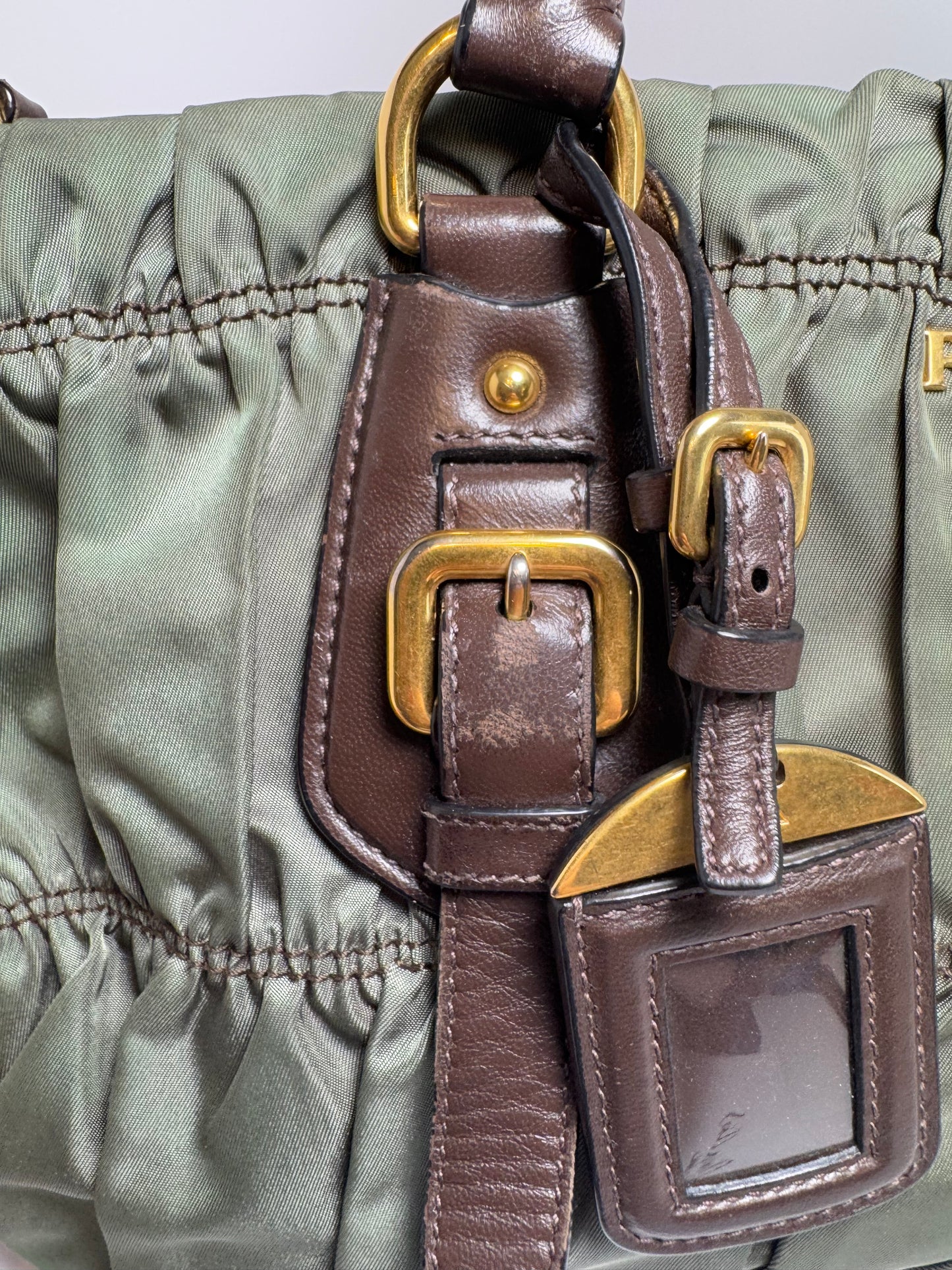 Prada Tessuto Gaufre Olive Green & Brown Leather Satchel/Crossbody