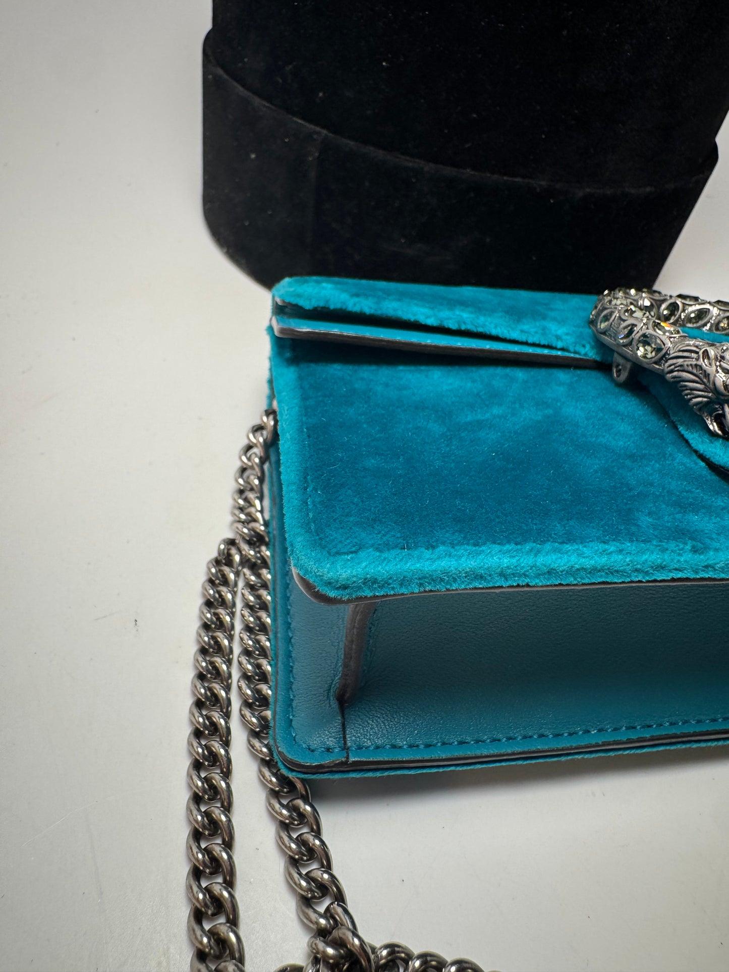 Gucci Velvet Super Mini Dionysus Shoulder Bag Pavone Cyan