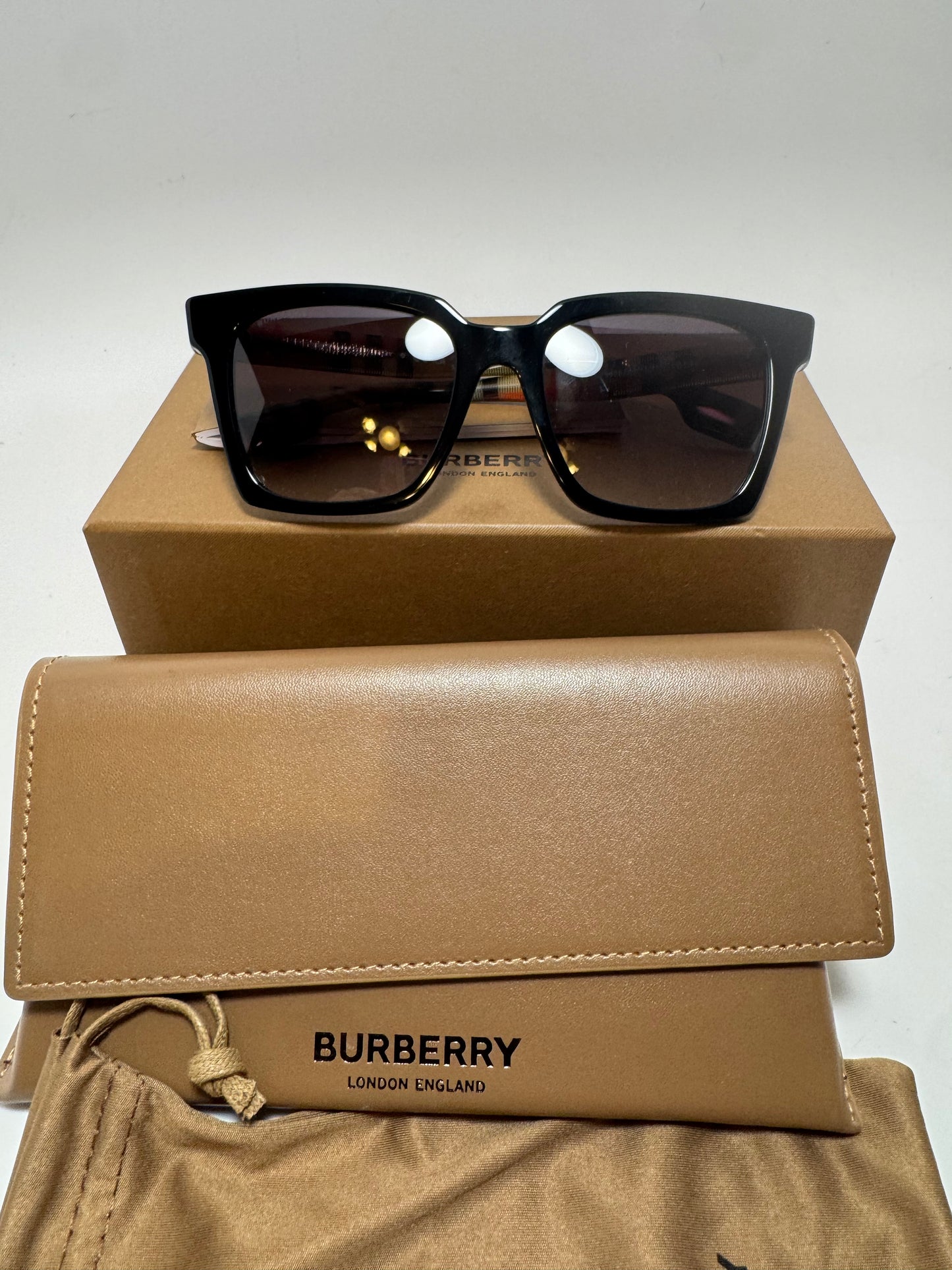 Burberry BE4335 Maple Black Square Sunglasses – Check Plaid Arms, Made in Italy