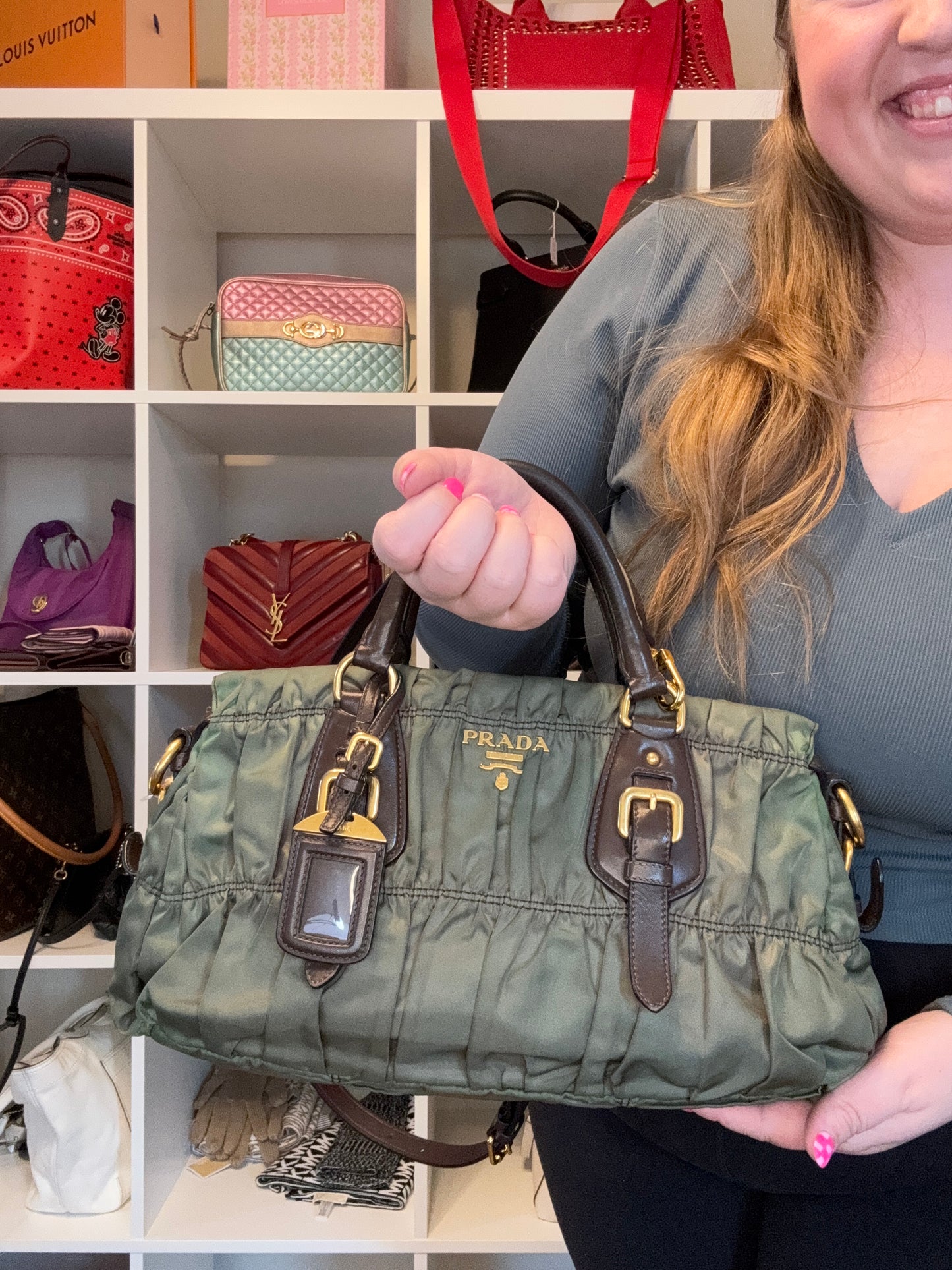 Prada Tessuto Gaufre Olive Green & Brown Leather Satchel/Crossbody