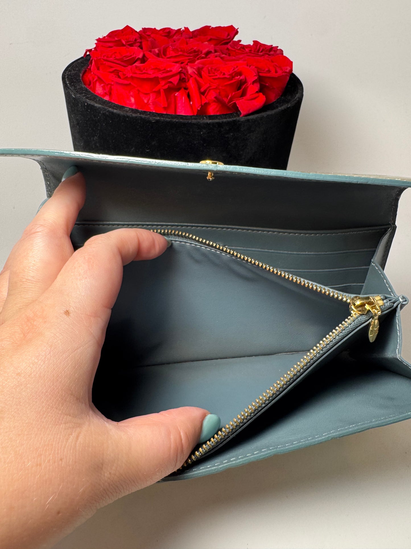 Louis Vuitton Moss Green Vernis Leather Wallet w/Blue Interior