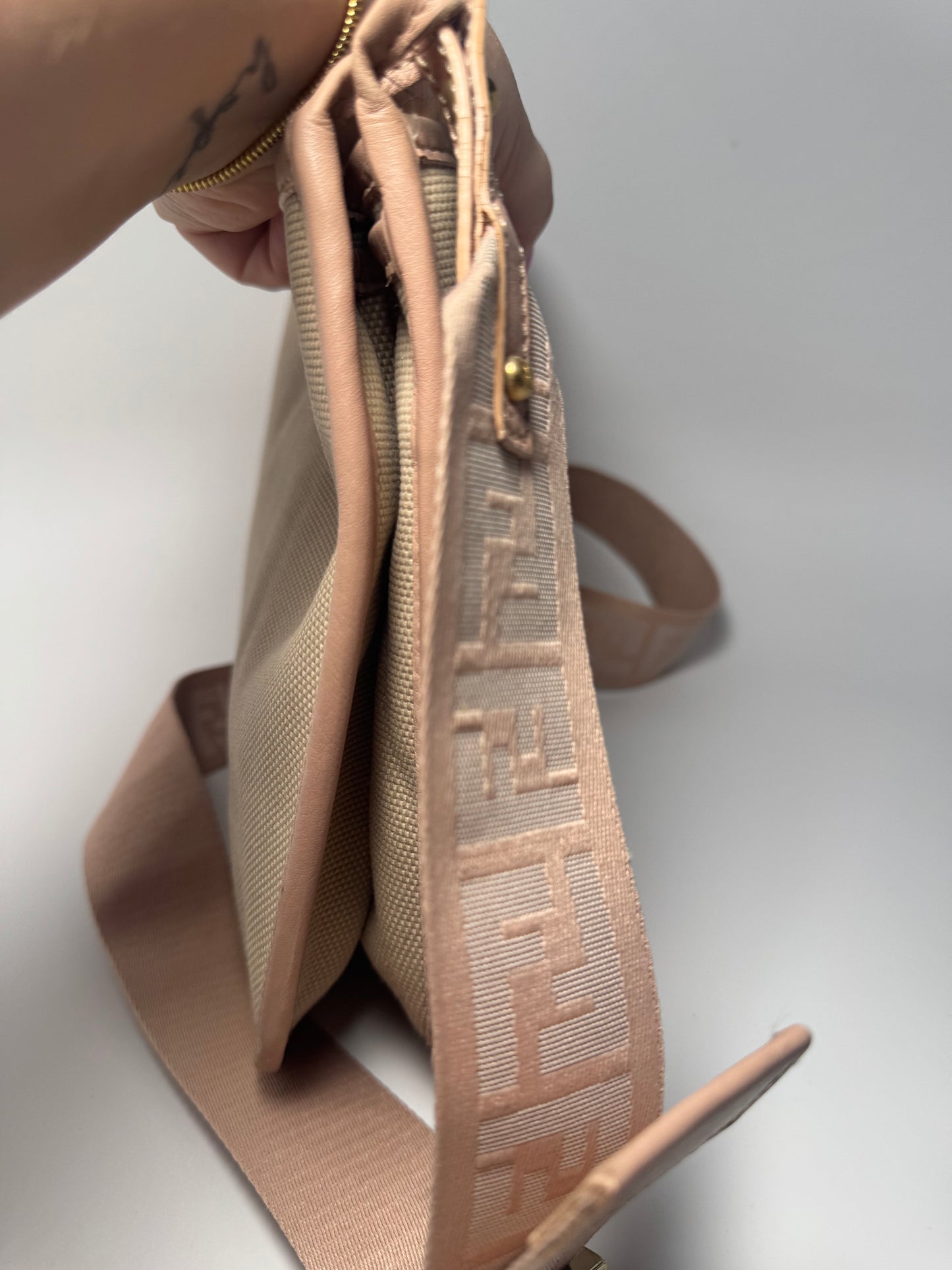 Fendi Zucca Pink & Khaki Crossbody w/Monogram Strap