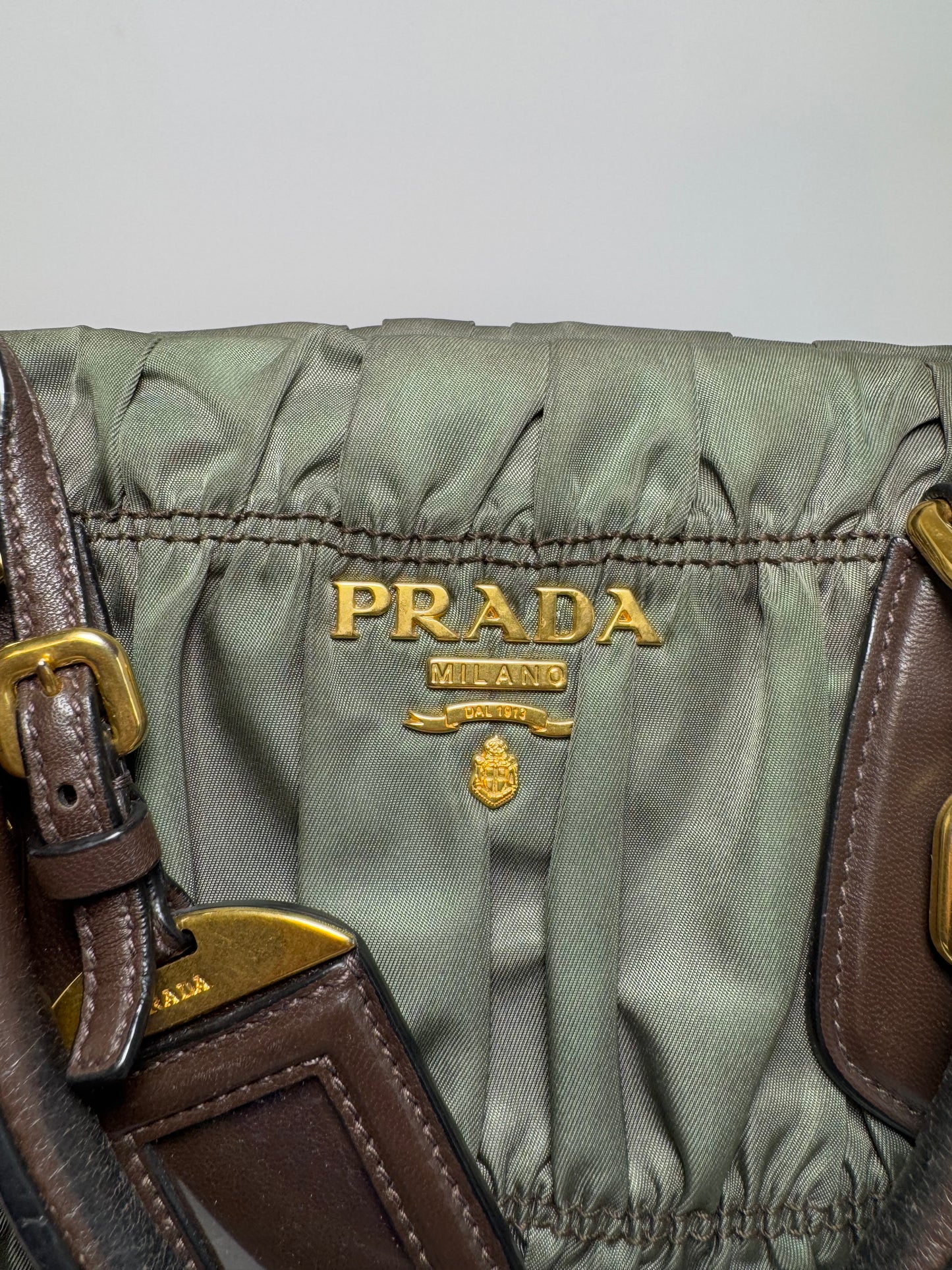 Prada Tessuto Gaufre Olive Green & Brown Leather Satchel/Crossbody