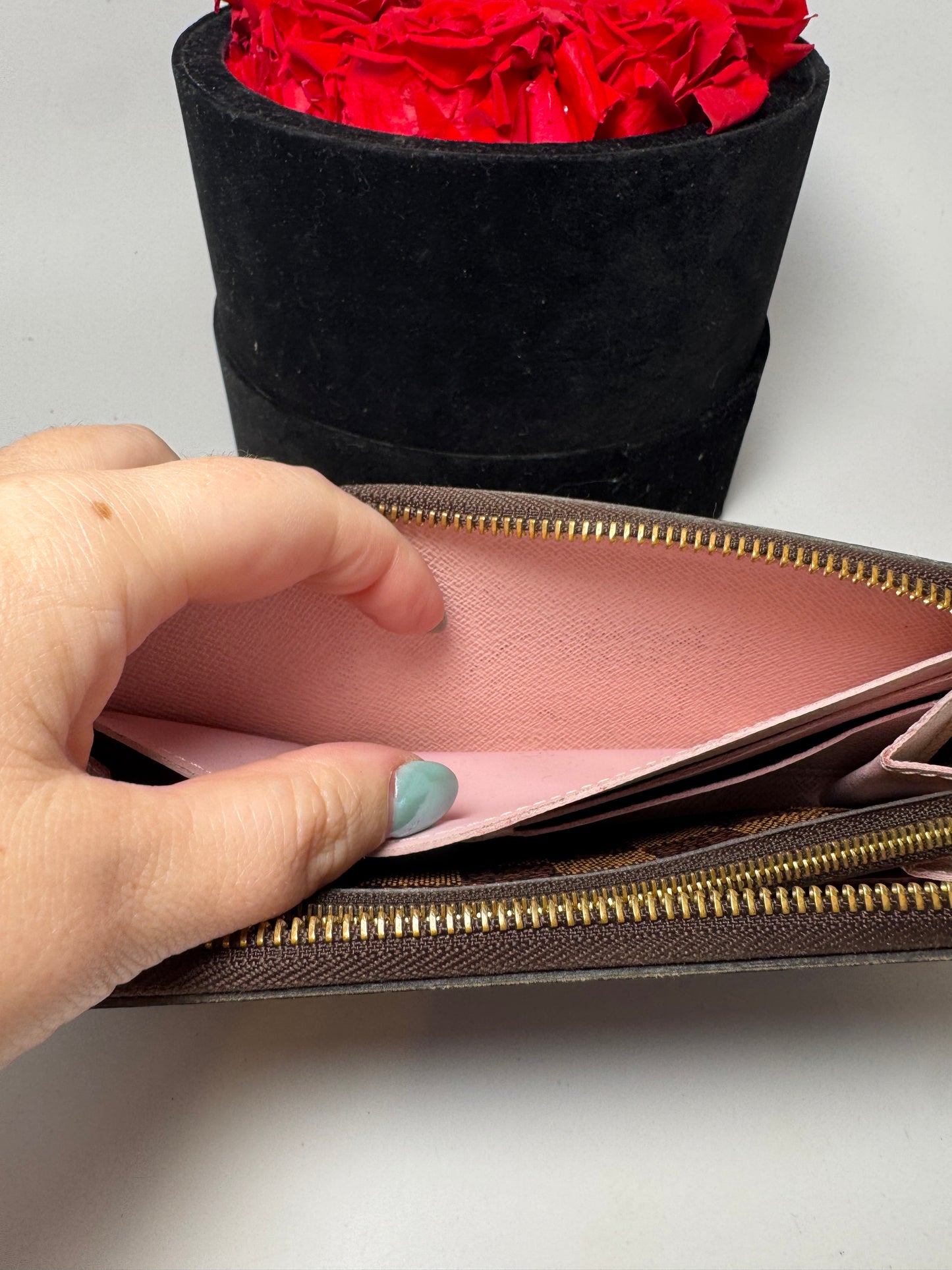 Louis Vuitton Damier Ebene Clémence Wallet w/Ballerine Pink Interior