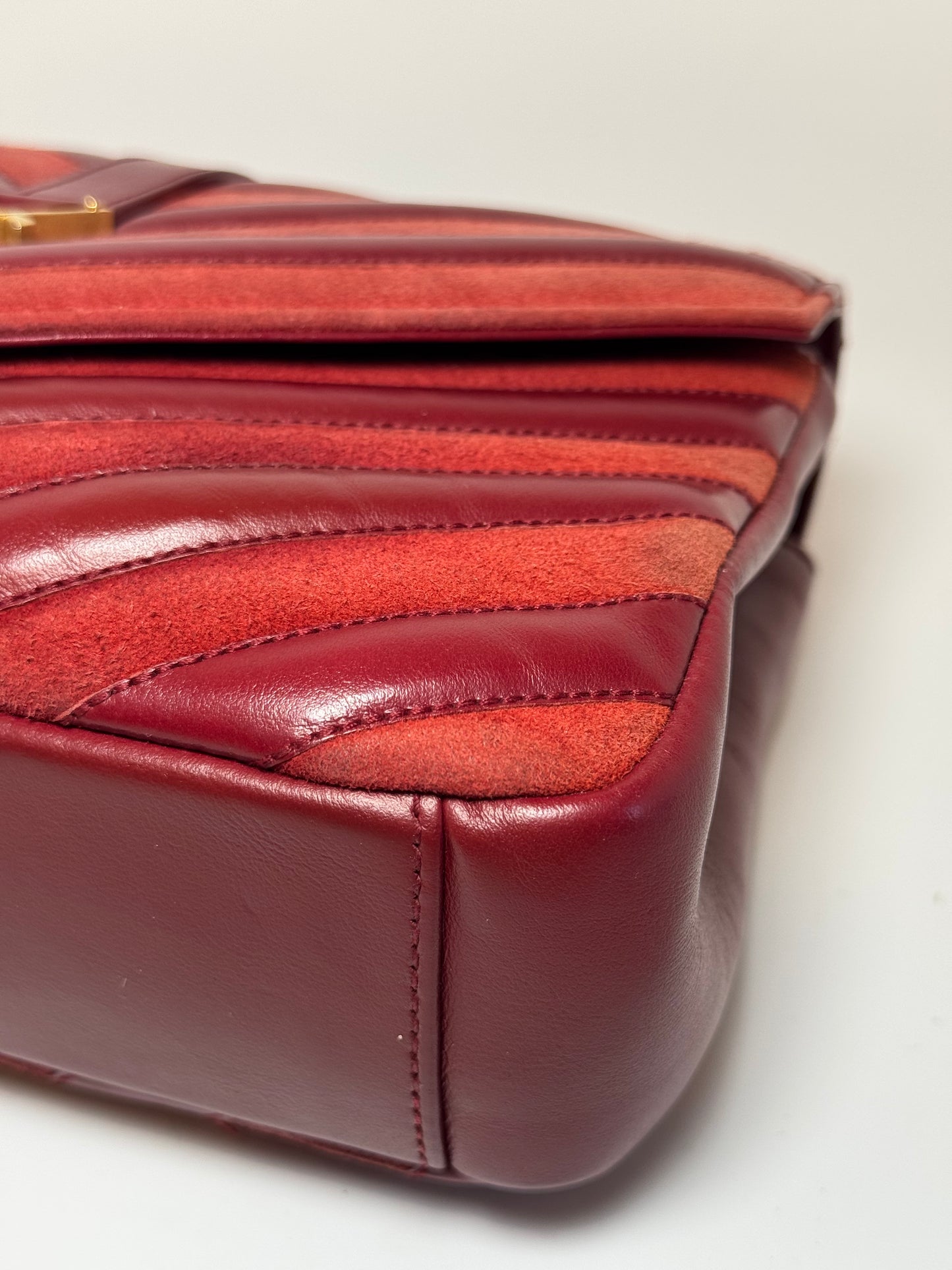 Saint Laurent YSL Red Suede & Leather Matelassé Chevron Medium College Bag Gold