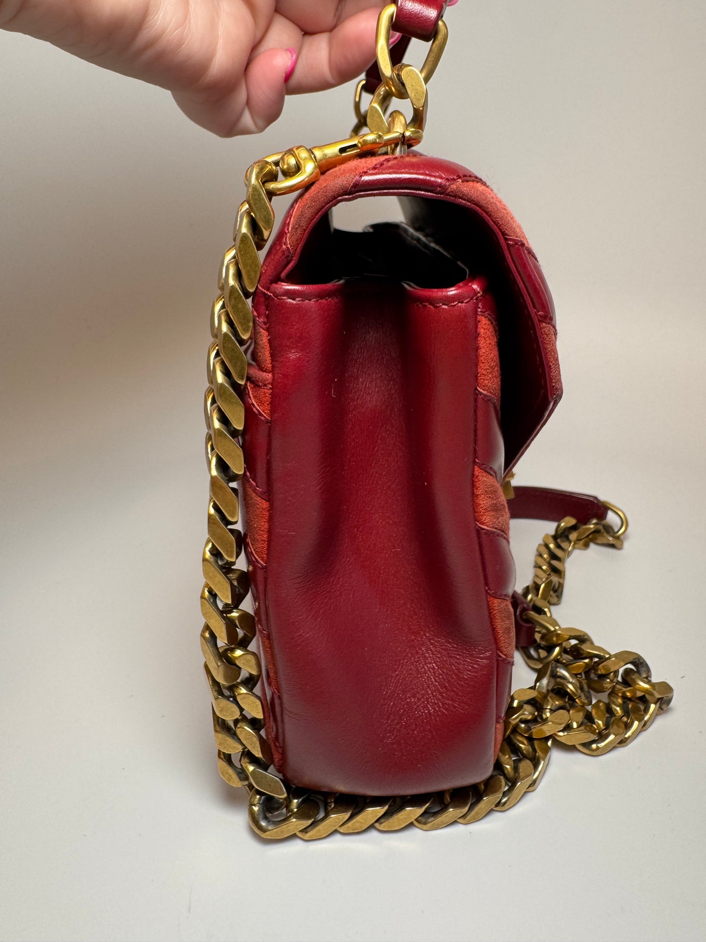 Saint Laurent YSL Red Suede & Leather Matelassé Chevron Medium College Bag Gold
