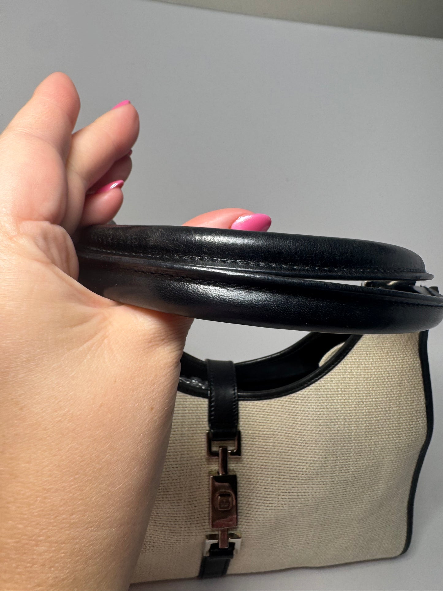Gucci Jackie Bardot Piston Lock Hobo Black & White Cloth & Leather