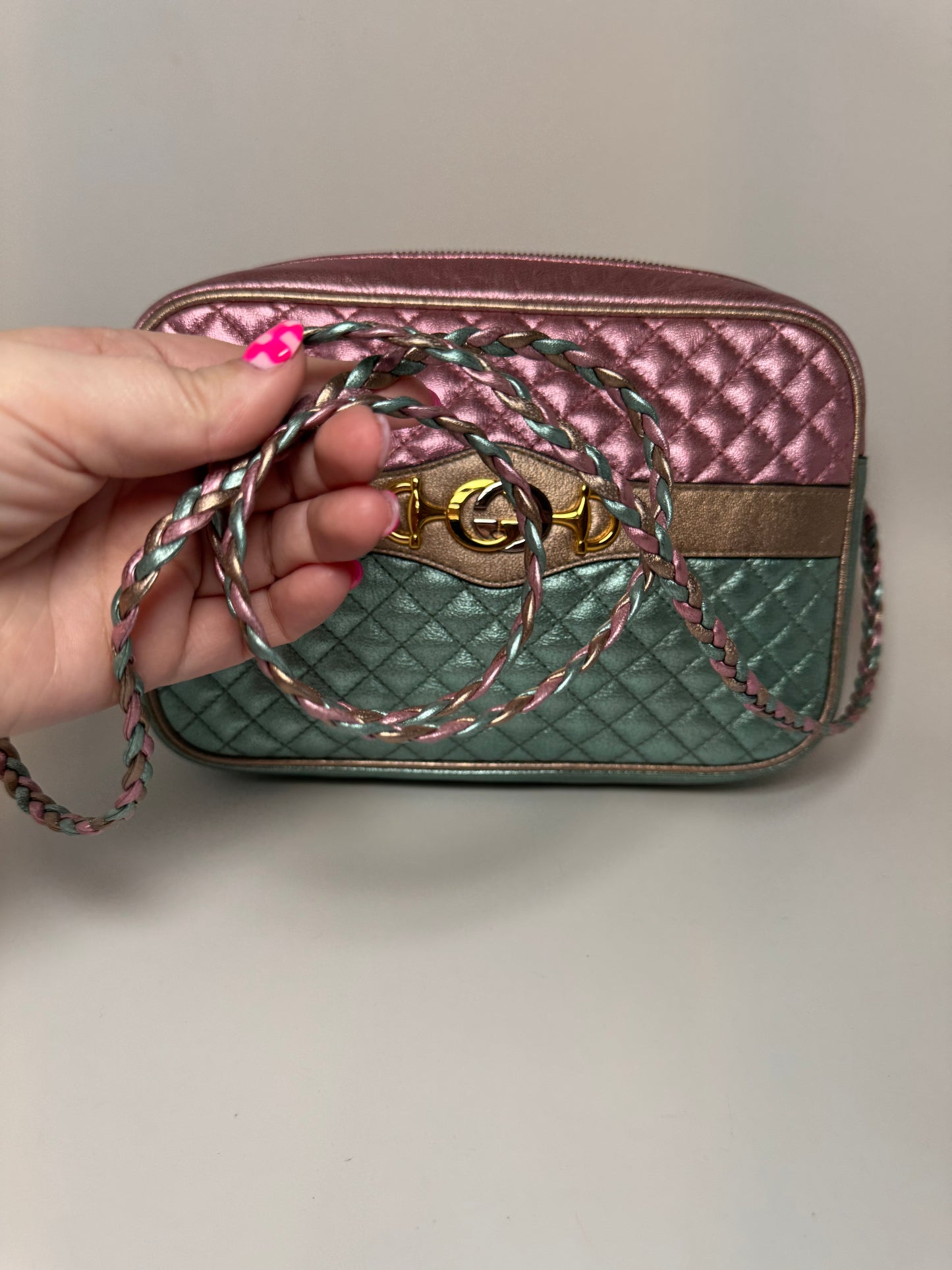 Gucci Trapuntata Bag Pink & Blue Limited Edition Metallic Leather Crossbody EUC