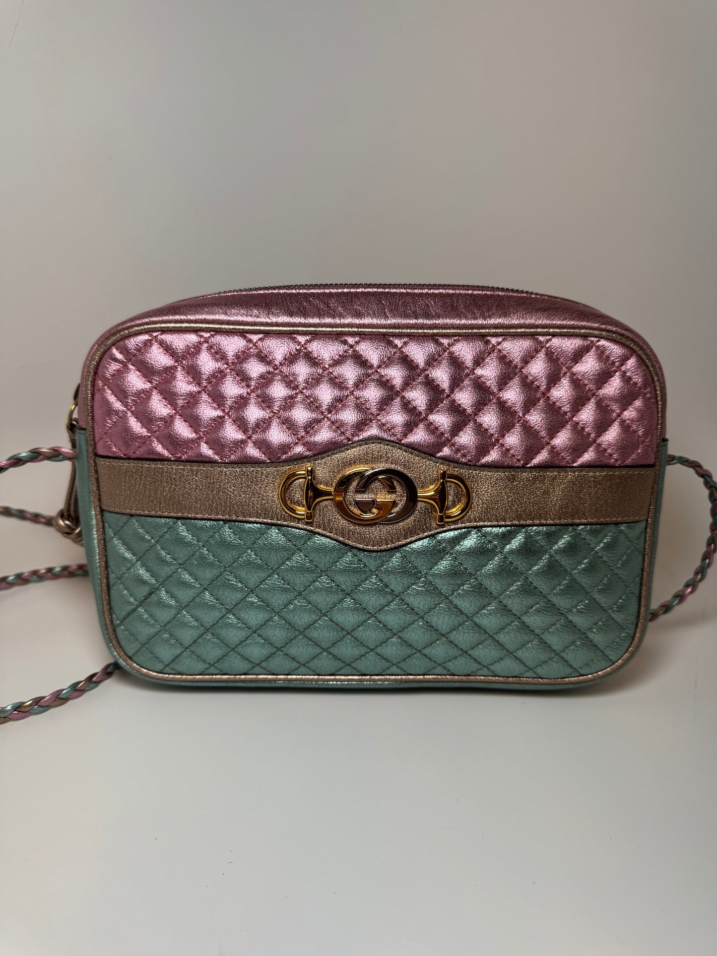 Gucci Trapuntata Bag Pink & Blue Limited Edition Metallic Leather Crossbody EUC