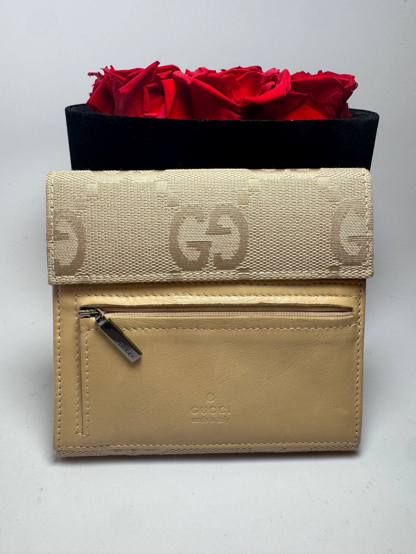 Gucci Beige Macro GG Canvas & Leather Trifold Wallet