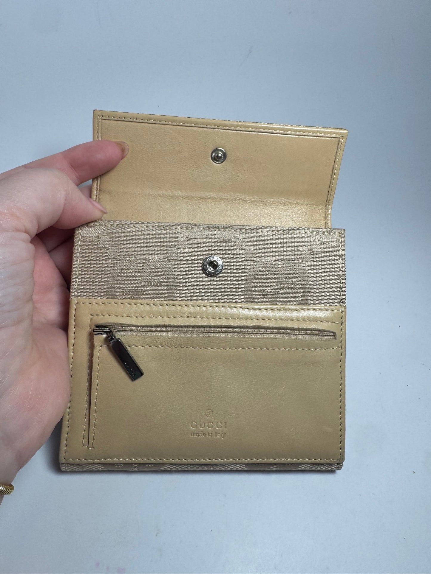 Gucci Beige Macro GG Canvas & Leather Trifold Wallet