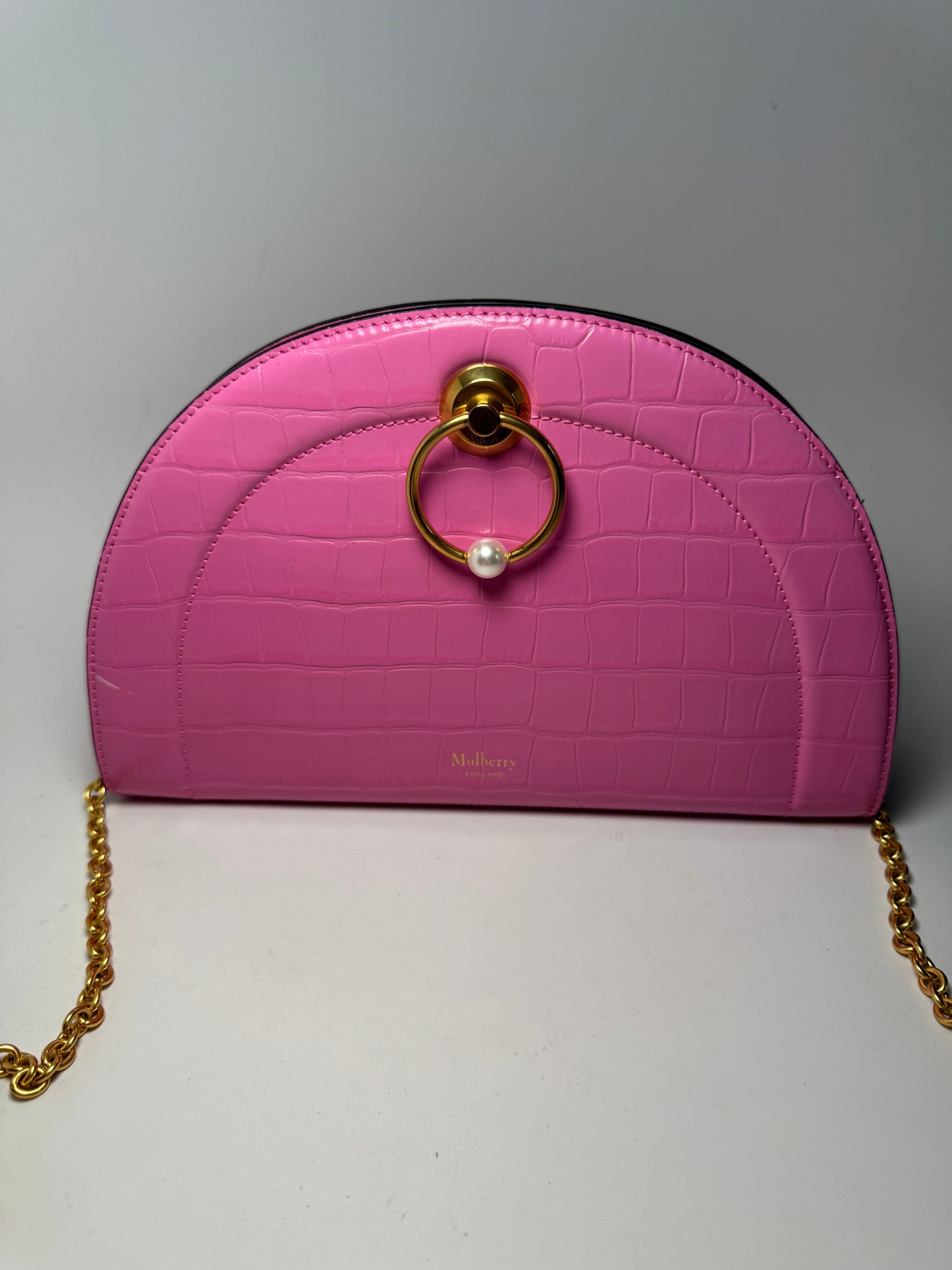 Mulberry Crocodile Embossed Calfskin Crescent Clutch Pink Pearl Shoulder Bag