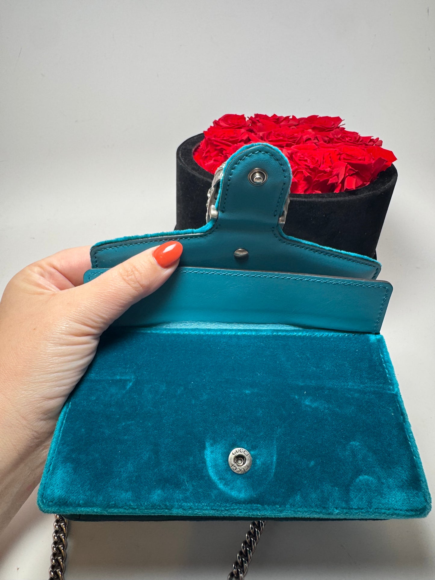 Gucci Velvet Super Mini Dionysus Shoulder Bag Pavone Cyan