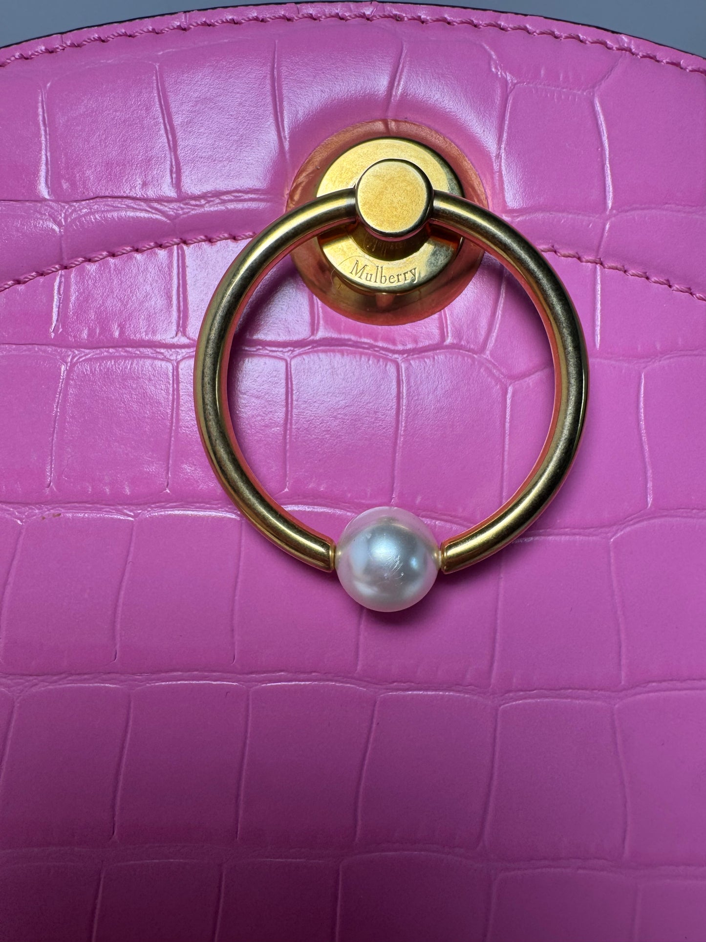 Mulberry Crocodile Embossed Calfskin Crescent Clutch Pink Pearl Shoulder Bag
