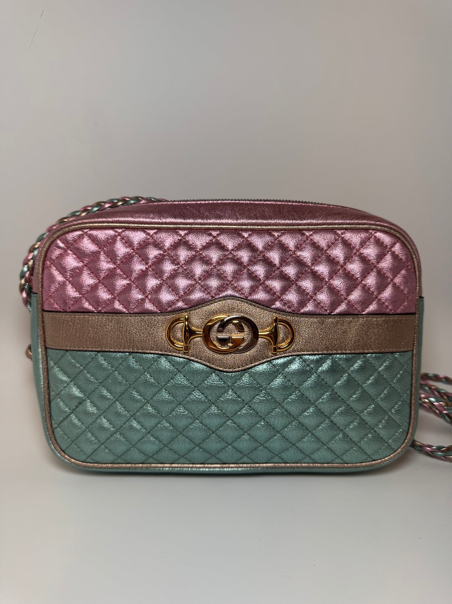 Gucci Trapuntata Bag Pink & Blue Limited Edition Metallic Leather Crossbody EUC