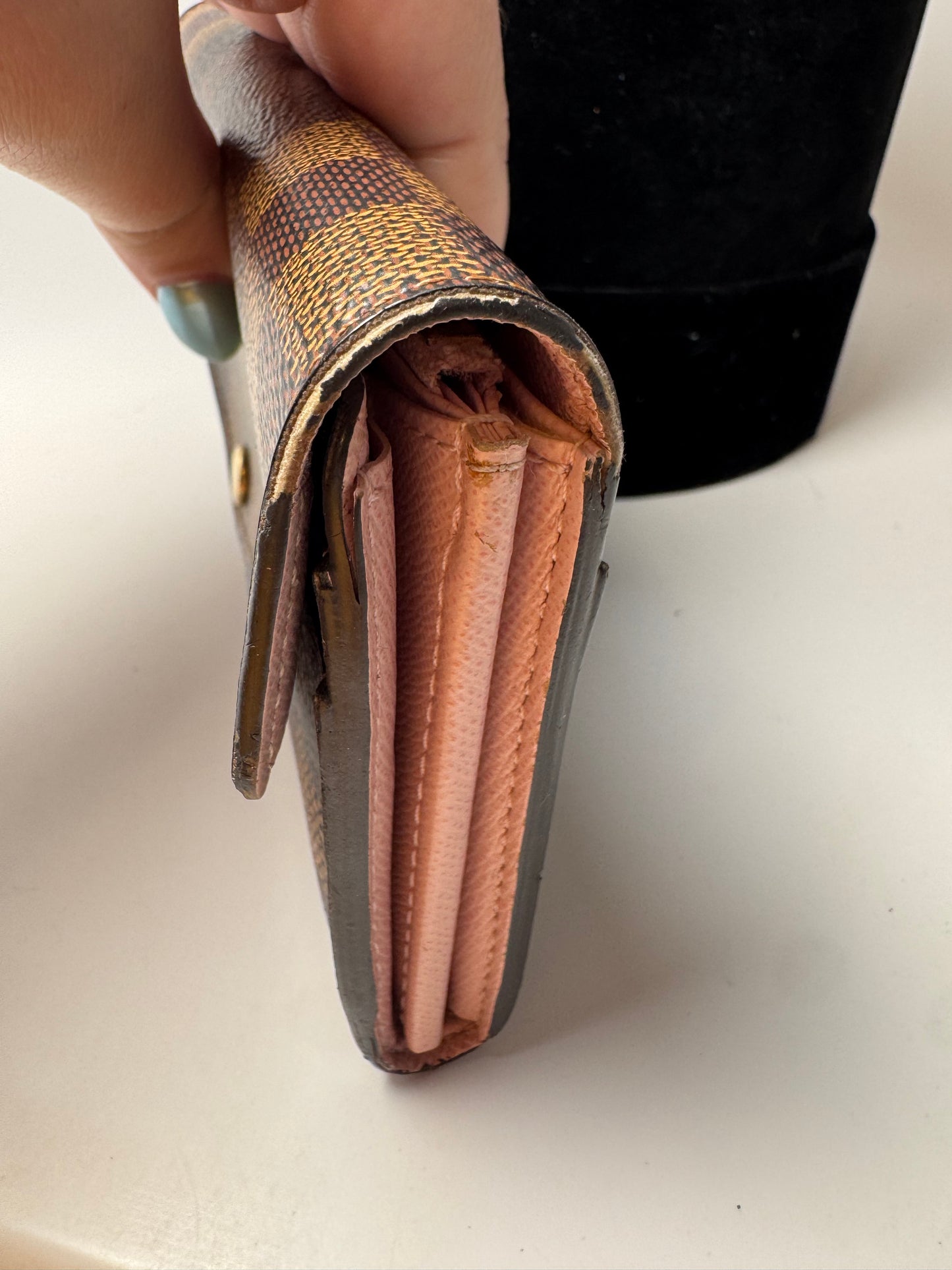 Louis Vuitton Damier Ebene Sarah Wallet w/Ballerine Pink Interior