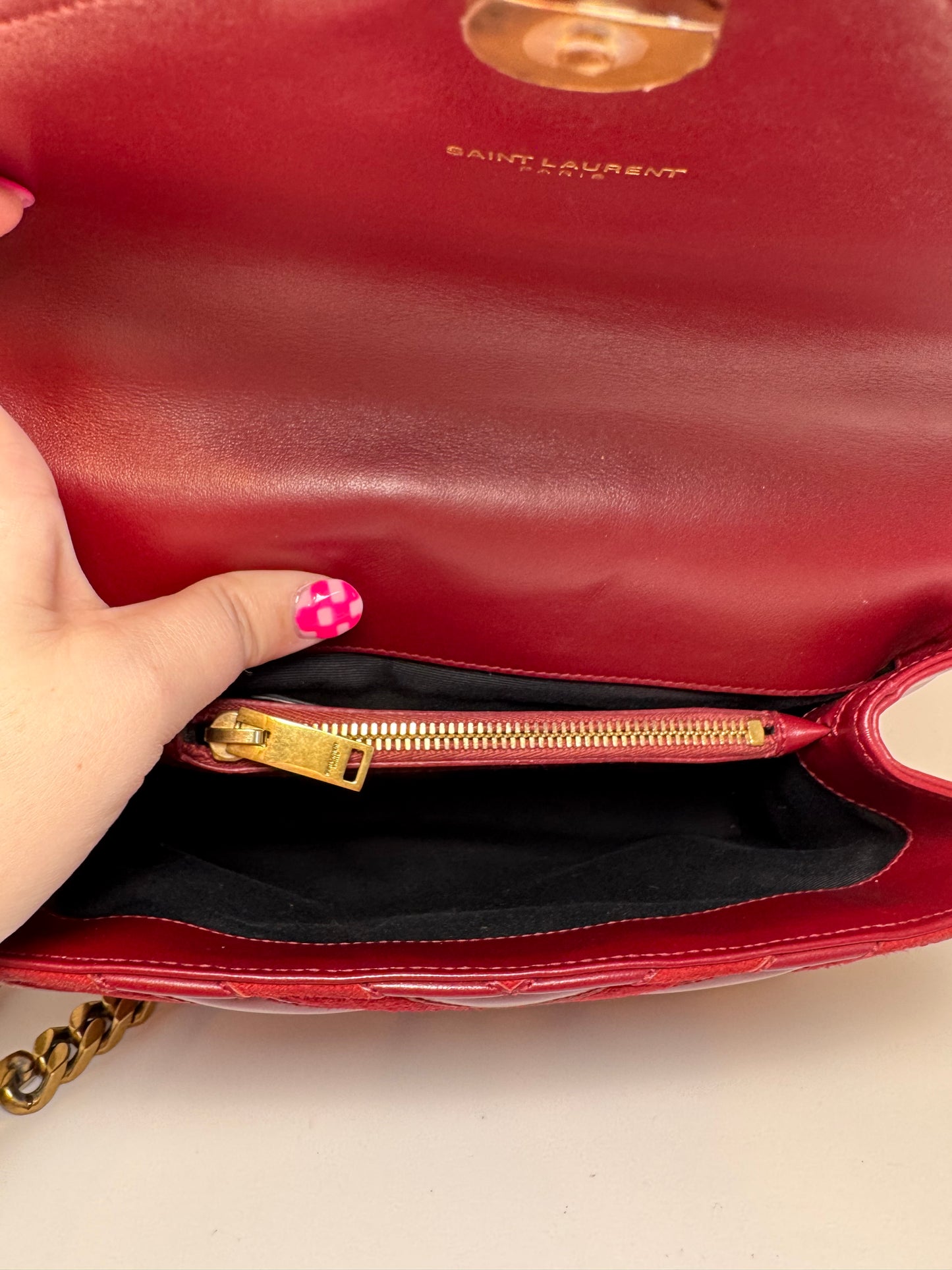 Saint Laurent YSL Red Suede & Leather Matelassé Chevron Medium College Bag Gold
