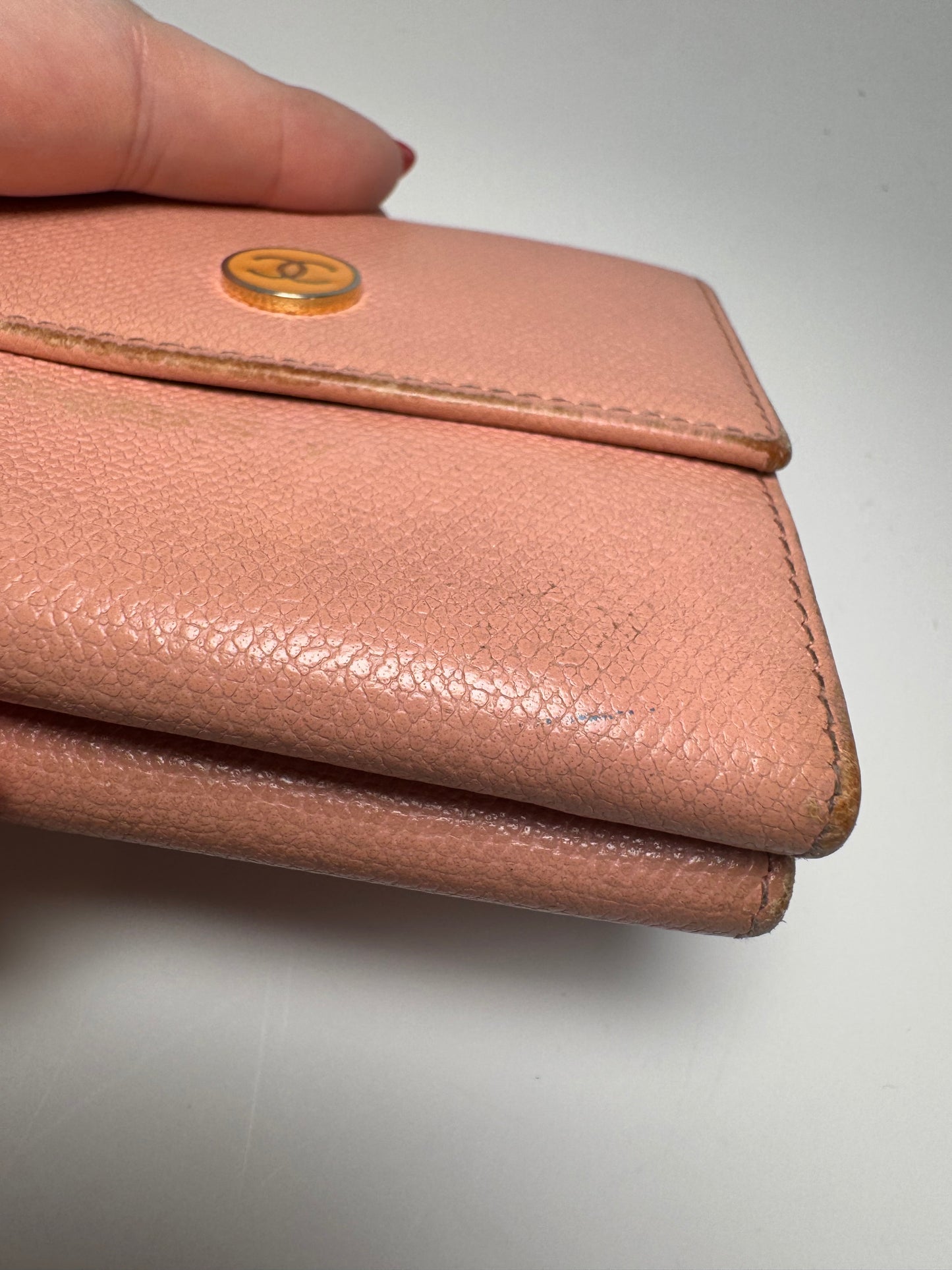 Chanel Vintage Button Line Pink Snap Compact Wallet Coco Mark Trifold