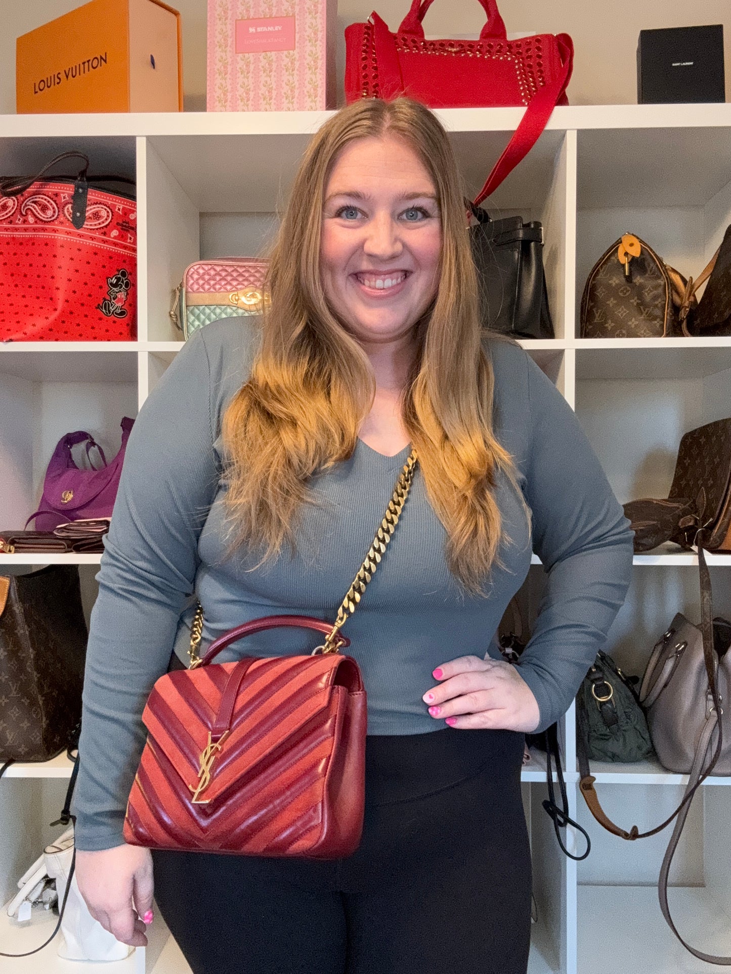 Saint Laurent YSL Red Suede & Leather Matelassé Chevron Medium College Bag Gold