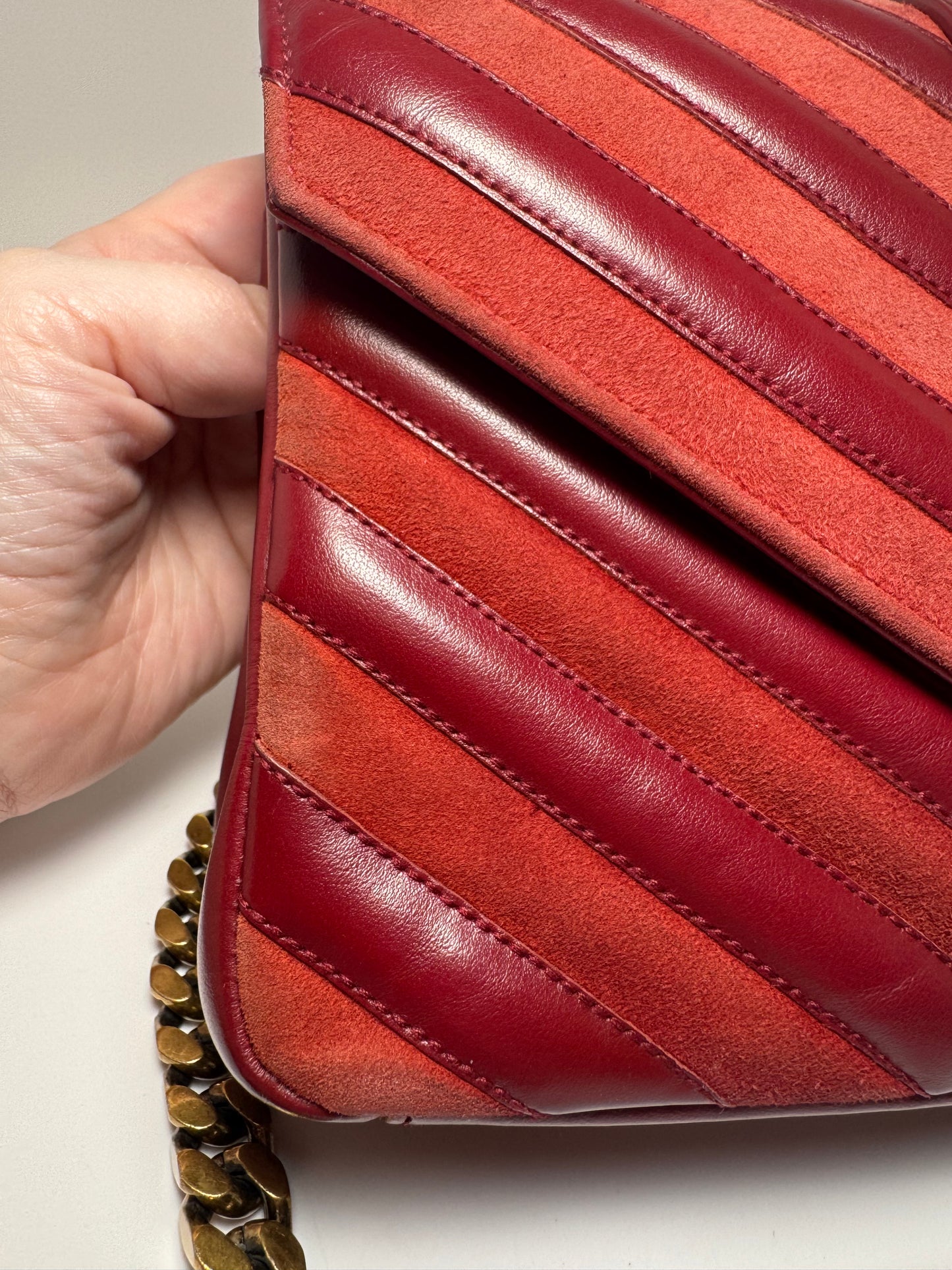 Saint Laurent YSL Red Suede & Leather Matelassé Chevron Medium College Bag Gold