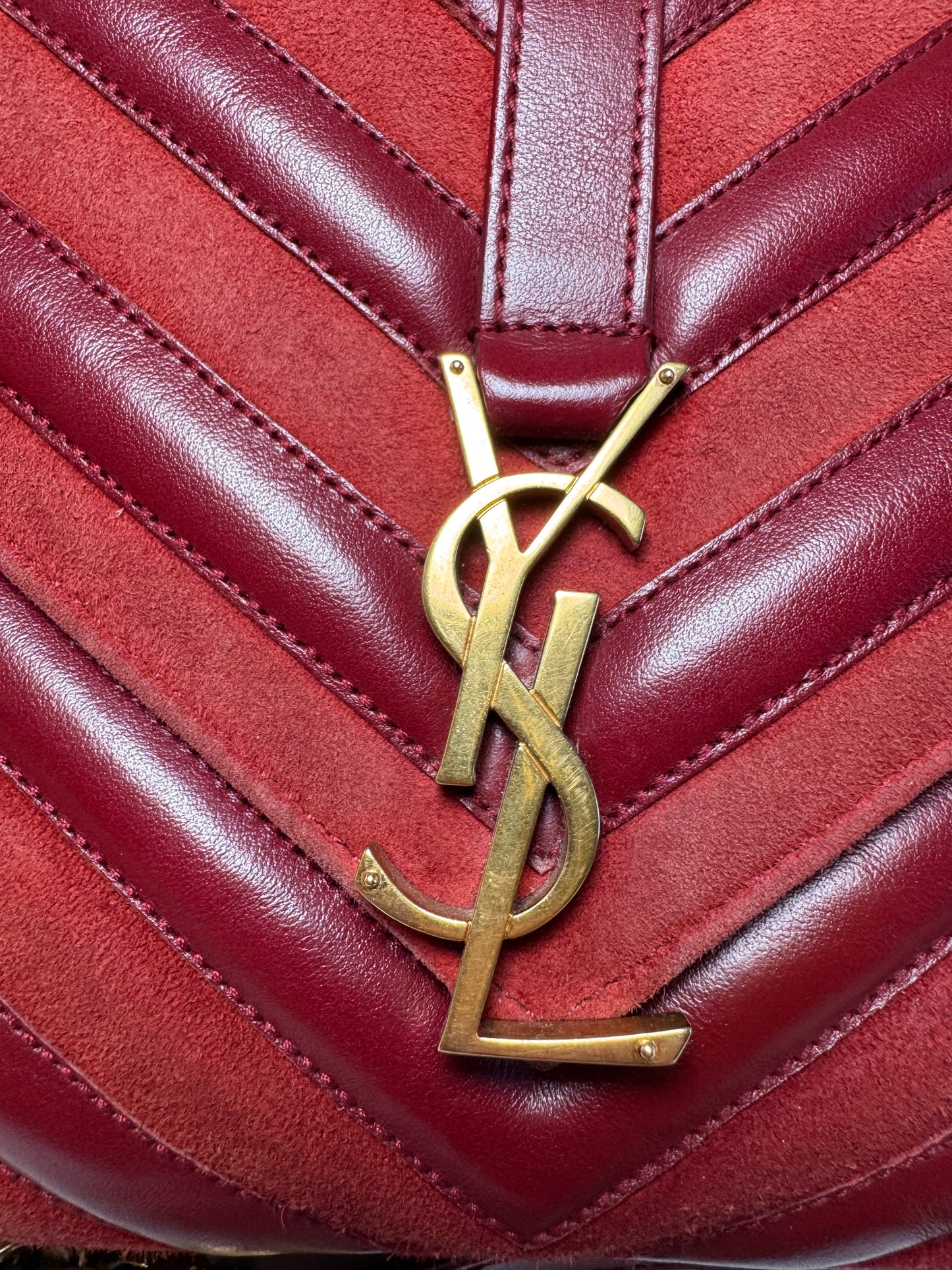 Saint Laurent YSL Red Suede & Leather Matelassé Chevron Medium College Bag Gold