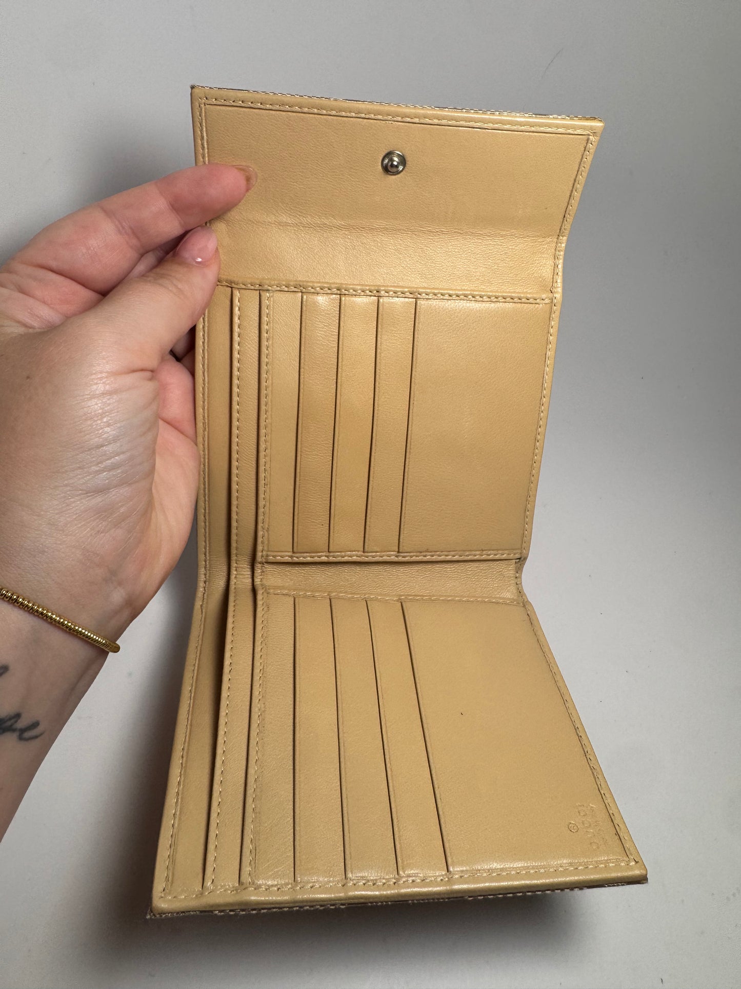 Gucci Beige Macro GG Canvas & Leather Trifold Wallet