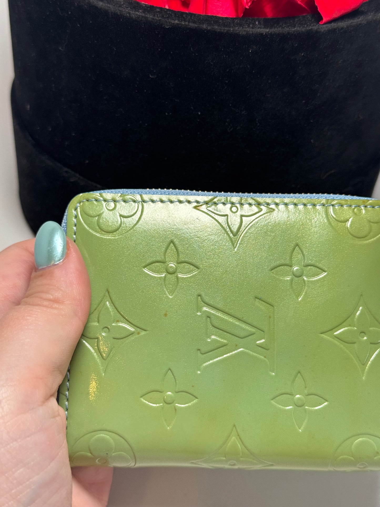 Louis Vuitton Green Vernis Zippy Compact Wallet W/ Blue Leather Interior