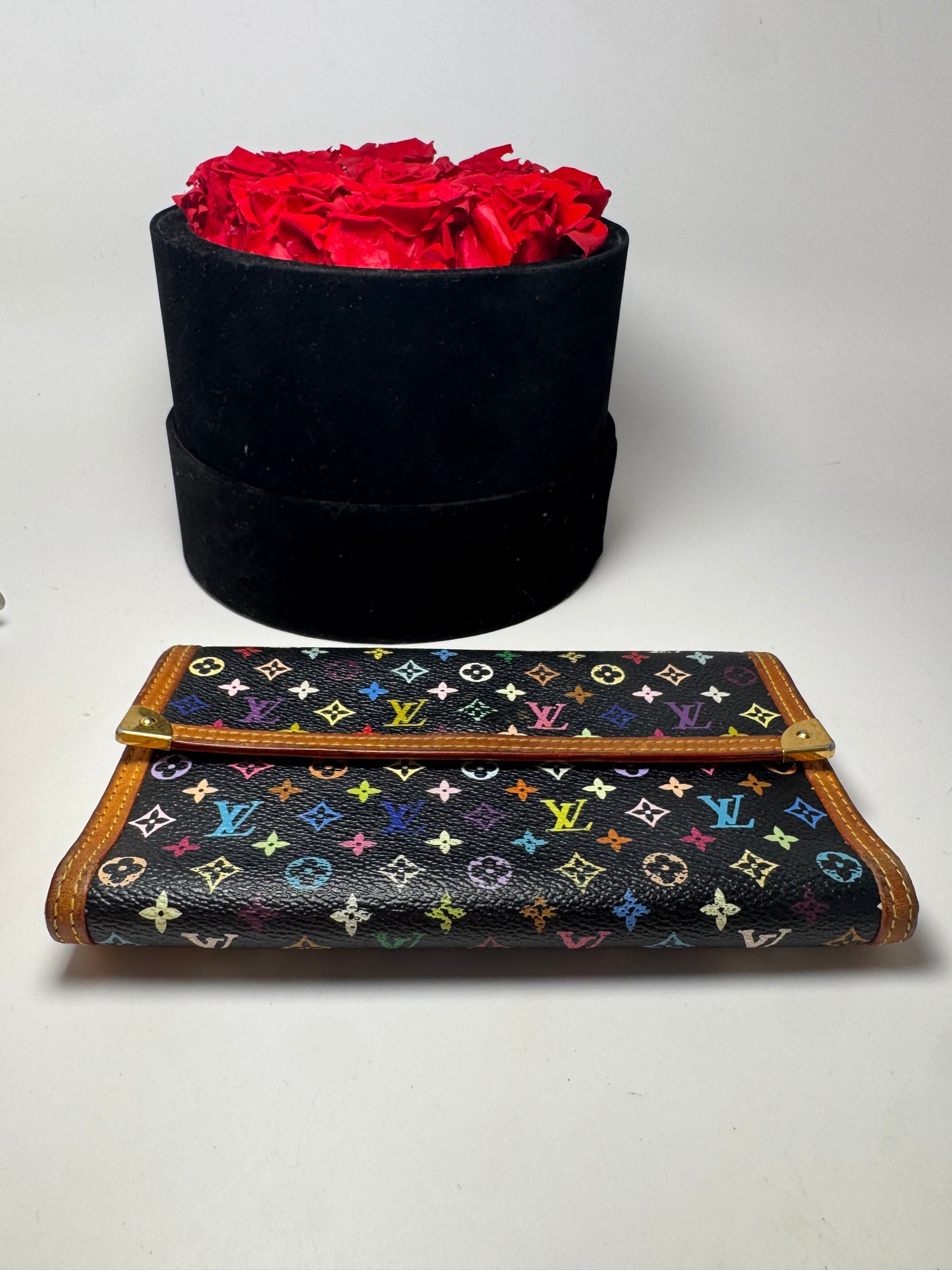 Louis Vuitton Multicolor Monogram Porte Tressor Trifold Wallet Black Wallet with Tan Interior