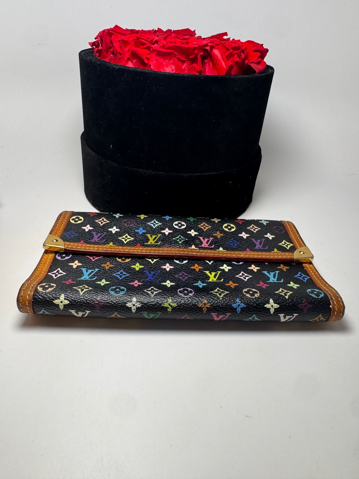 Louis Vuitton Multicolor Monogram Porte Tressor Trifold Wallet Black Wallet with Tan Interior