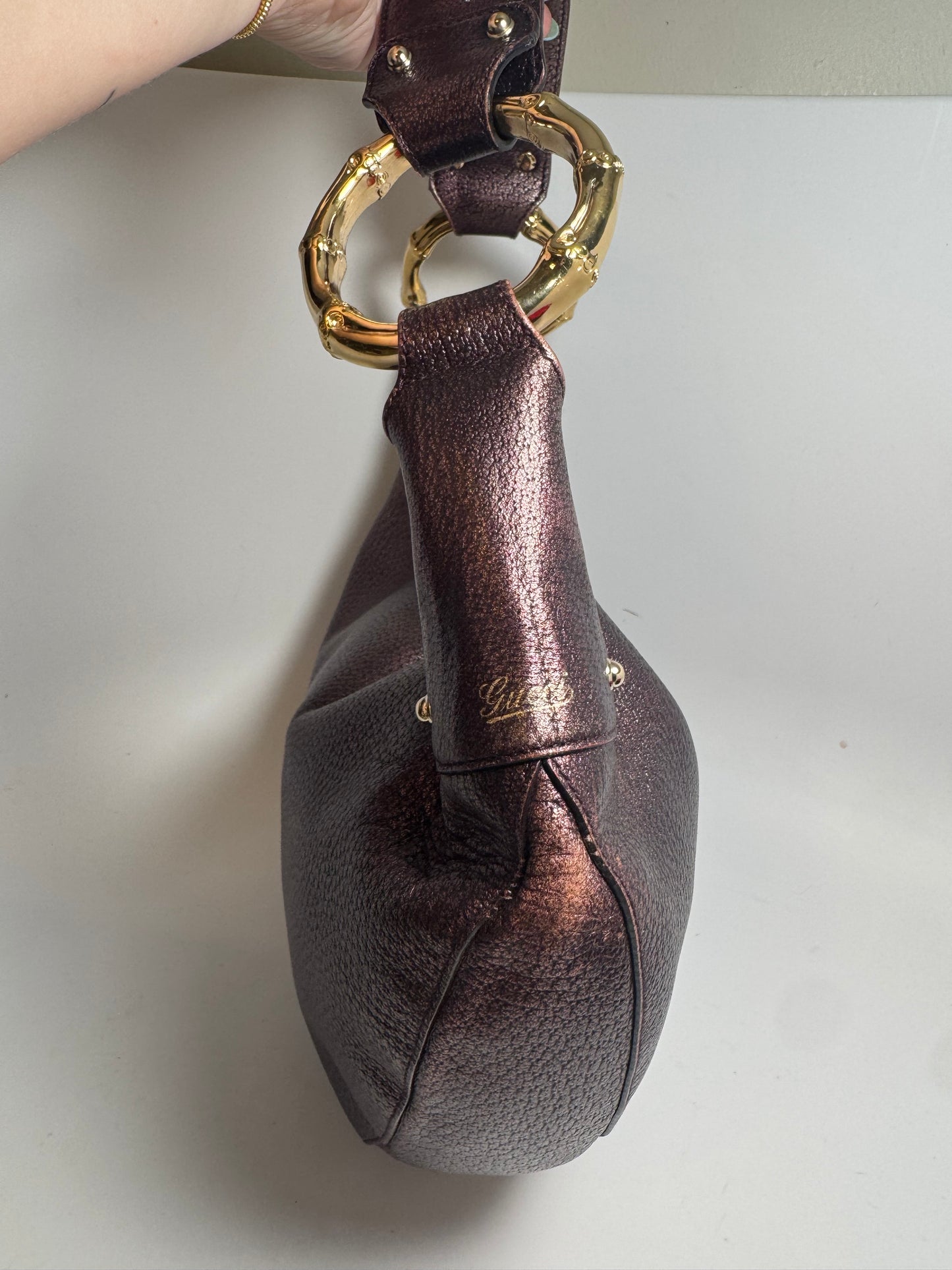 Gucci Bamboo Ring Metallic Purple Leather Shoulder Bag Crescent Hobo Bag