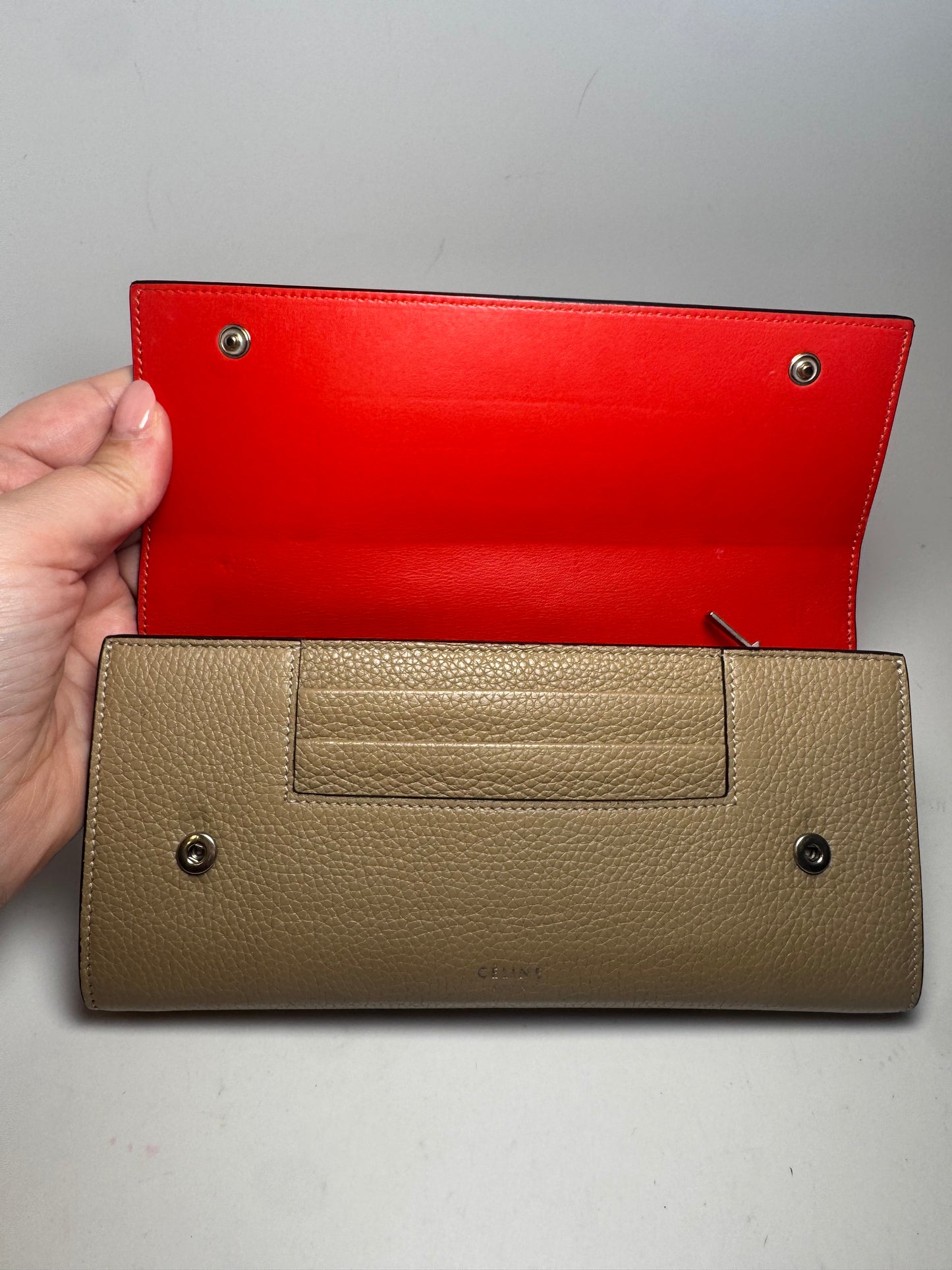 Celine Large Flap Multifunction Wallet Taupe Pebbled Leather Made in Italy