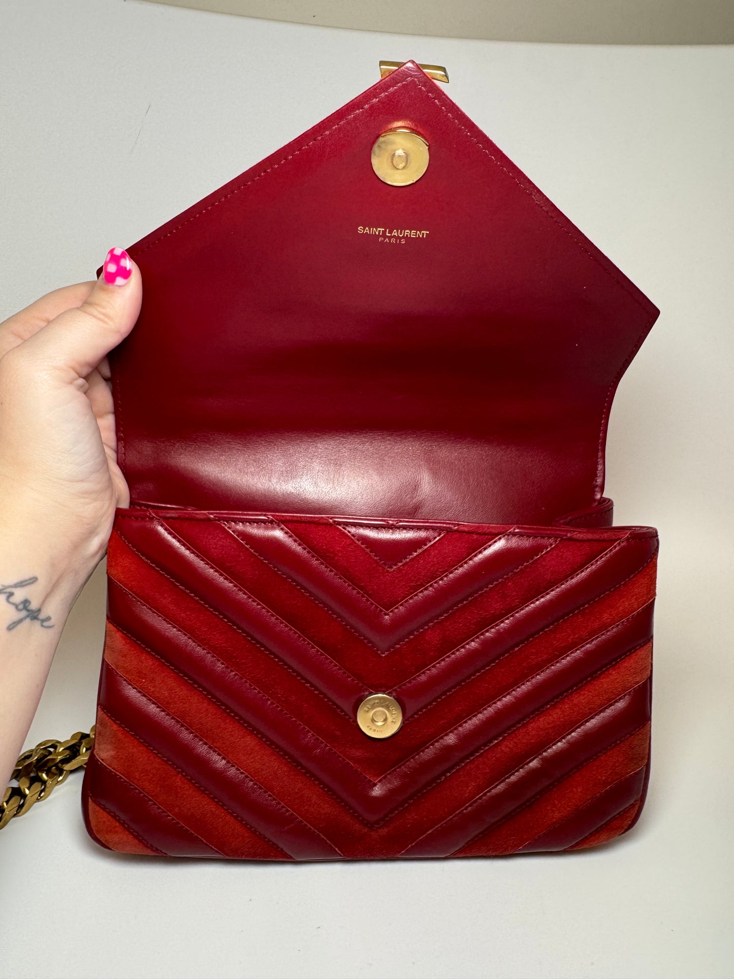 Saint Laurent YSL Red Suede & Leather Matelassé Chevron Medium College Bag Gold