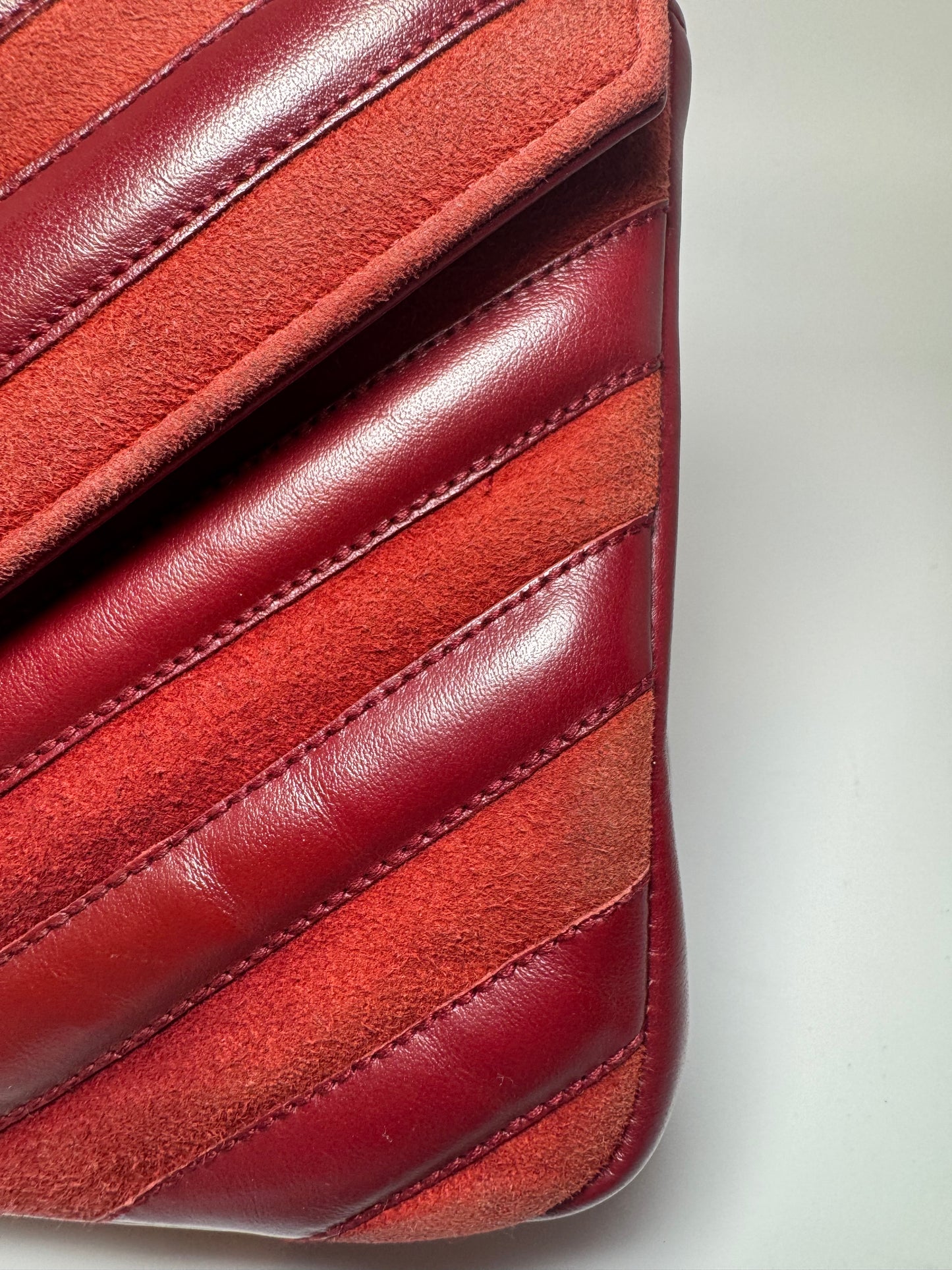 Saint Laurent YSL Red Suede & Leather Matelassé Chevron Medium College Bag Gold