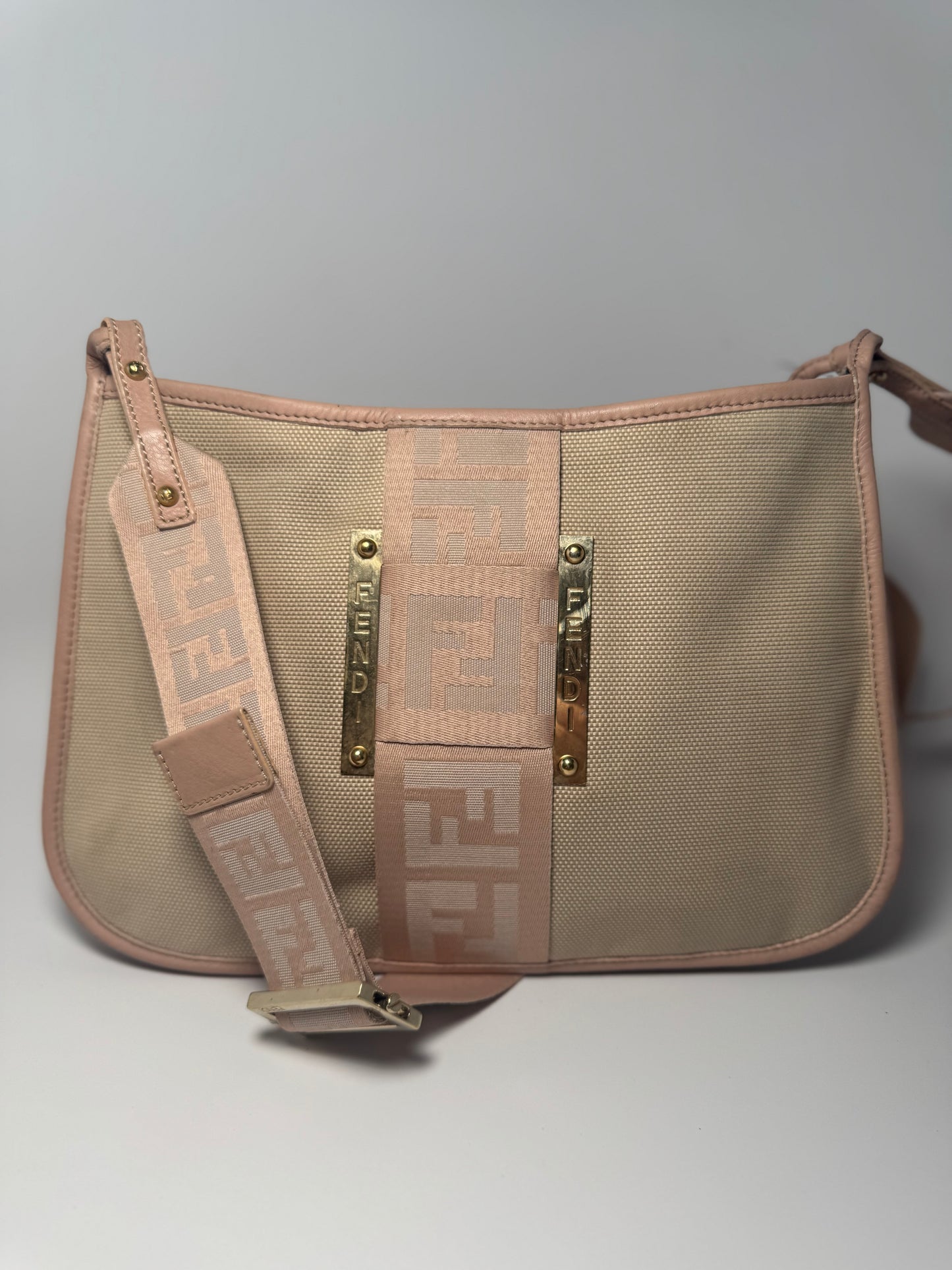 Fendi Zucca Pink & Khaki Crossbody w/Monogram Strap
