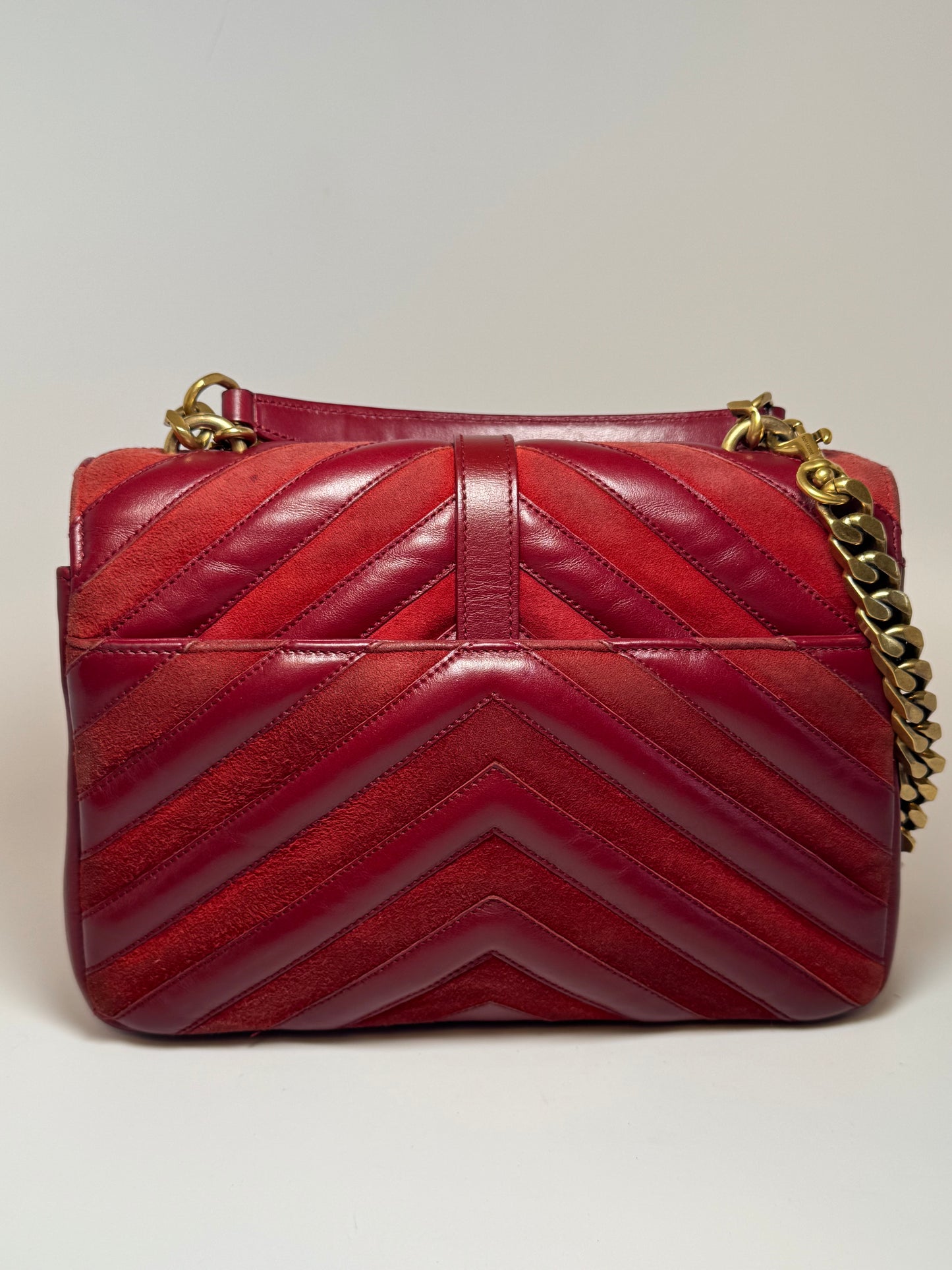 Saint Laurent YSL Red Suede & Leather Matelassé Chevron Medium College Bag Gold