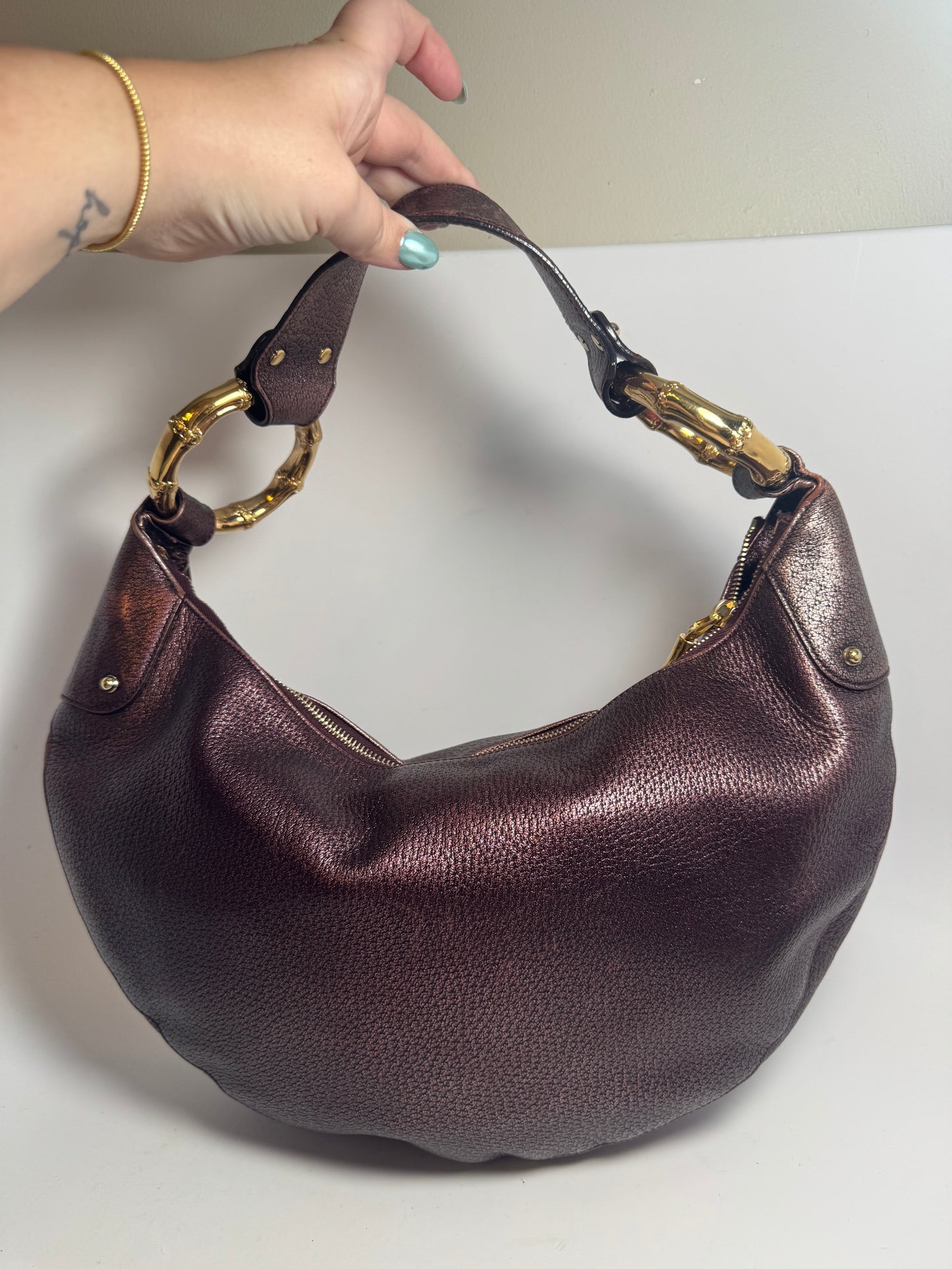 Gucci Bamboo Ring Metallic Purple Leather Shoulder Bag Crescent Hobo Bag