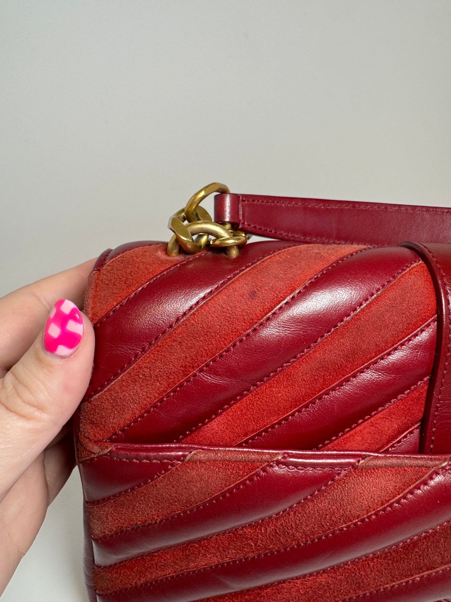 Saint Laurent YSL Red Suede & Leather Matelassé Chevron Medium College Bag Gold