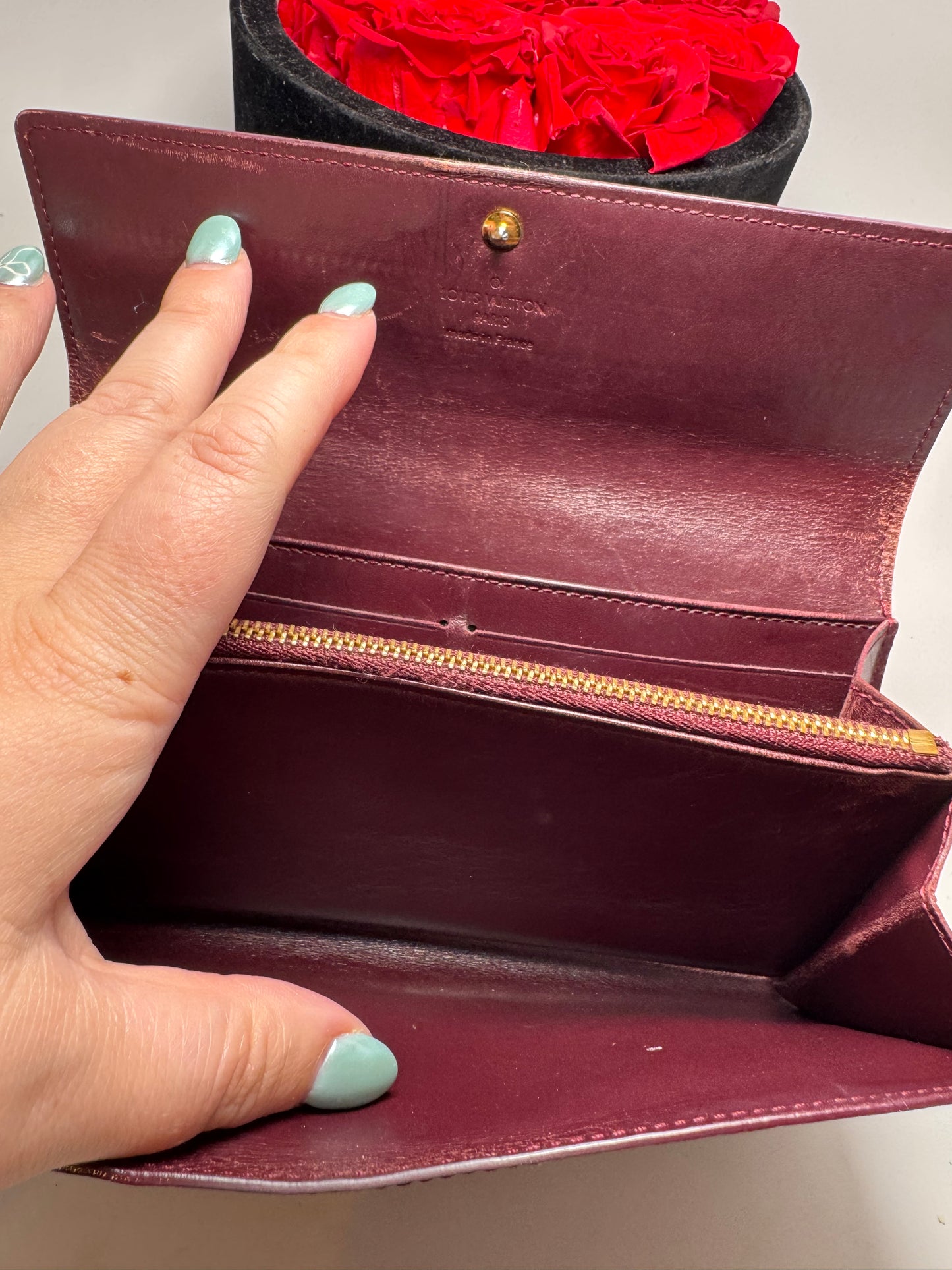 Louis Vuitton Sarah Vernis Leather Burgundy Wallet- Fair Condition