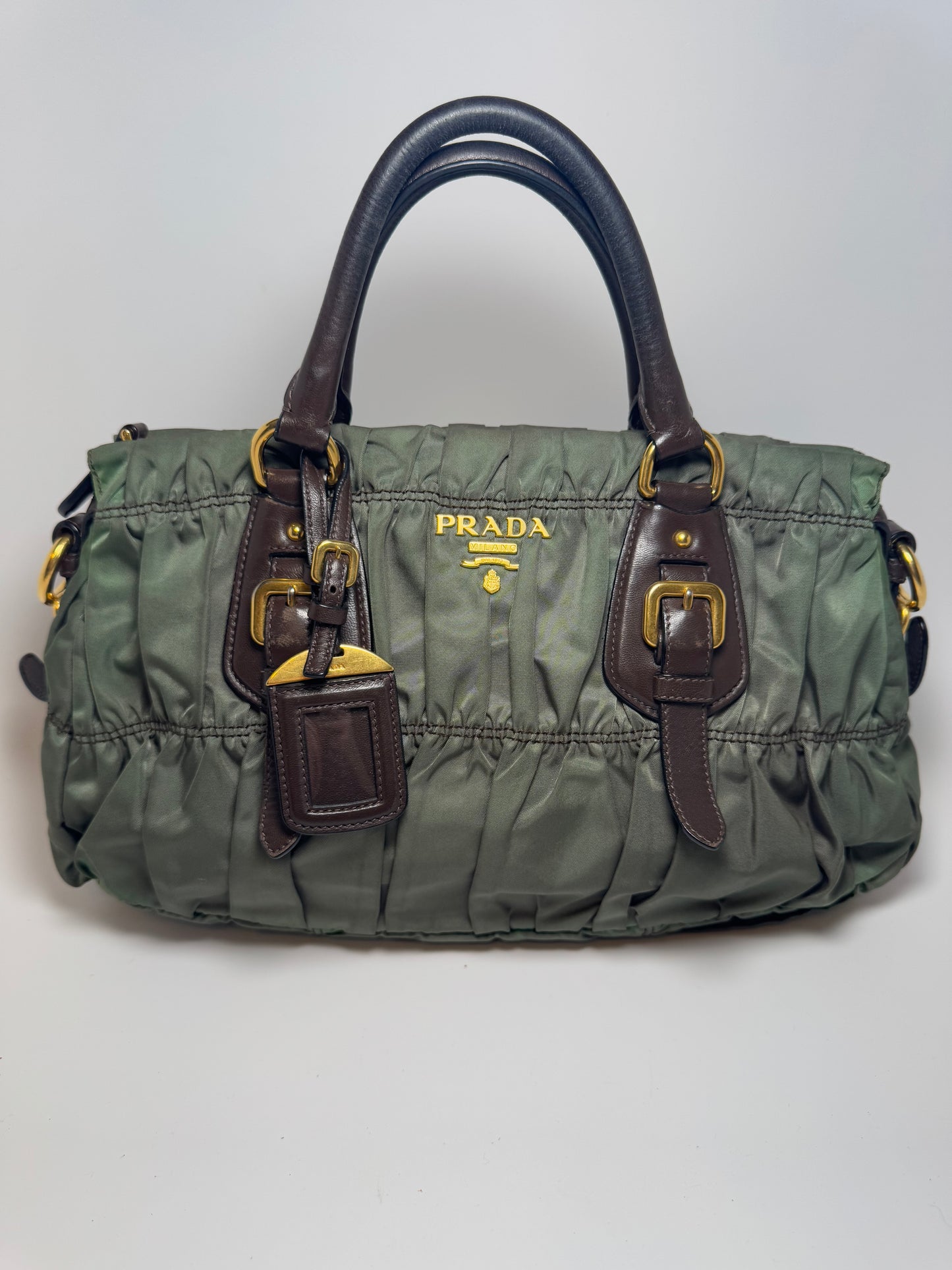 Prada Tessuto Gaufre Olive Green & Brown Leather Satchel/Crossbody