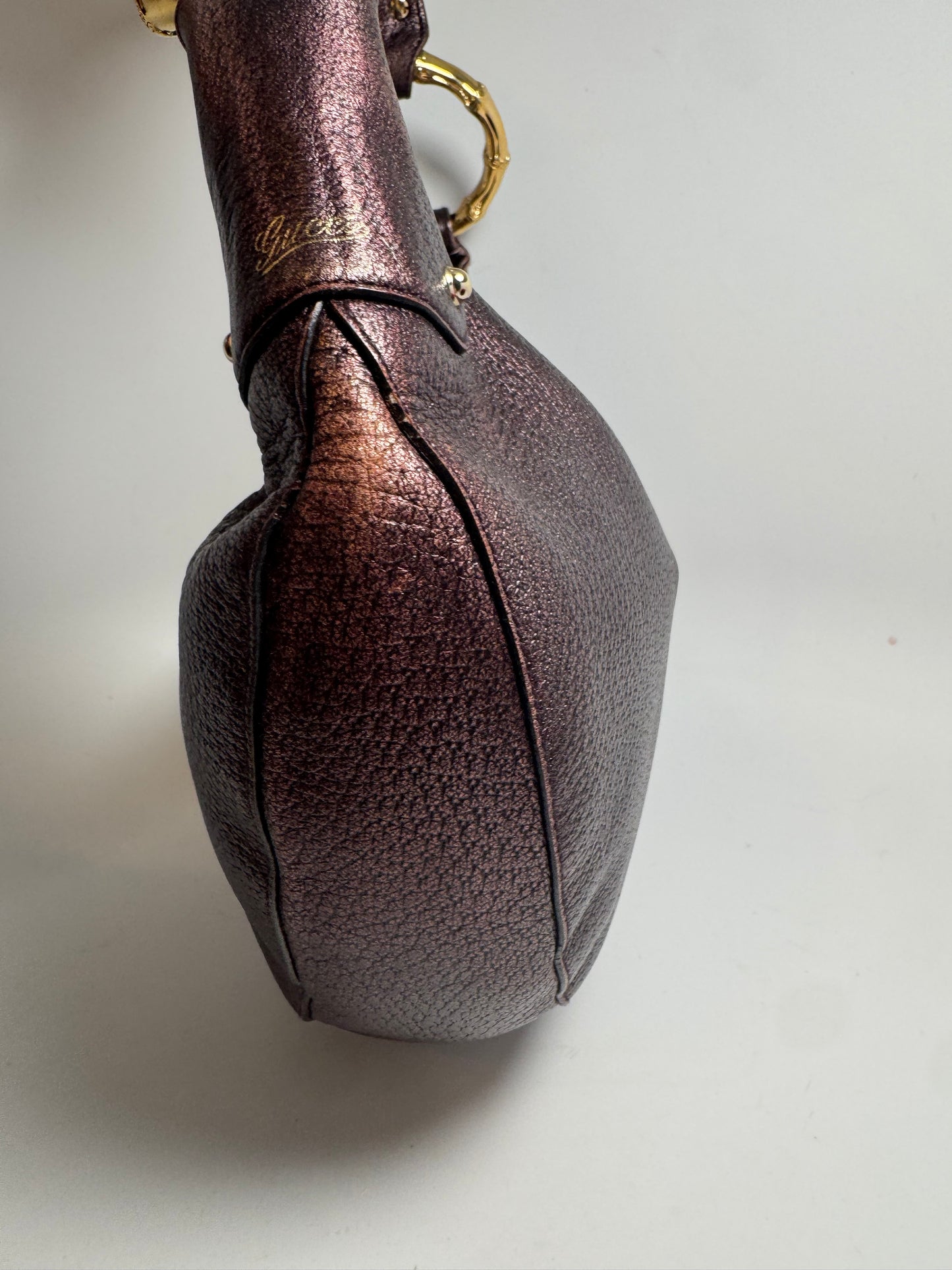 Gucci Bamboo Ring Metallic Purple Leather Shoulder Bag Crescent Hobo Bag