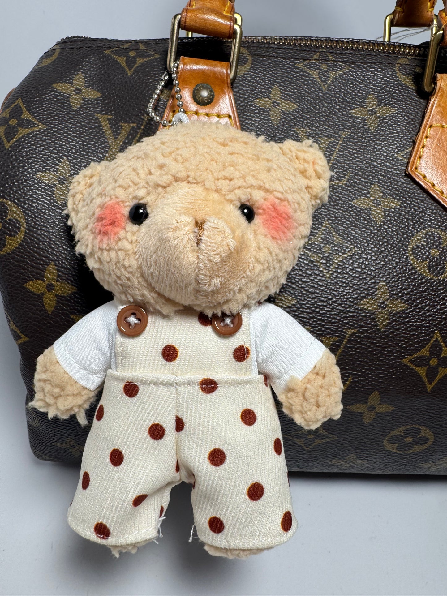 Teddy Bear Bag Charm w/Polka Dot Overalls | Plushy Bag Charm NEW Coquette Y2K- Non branded